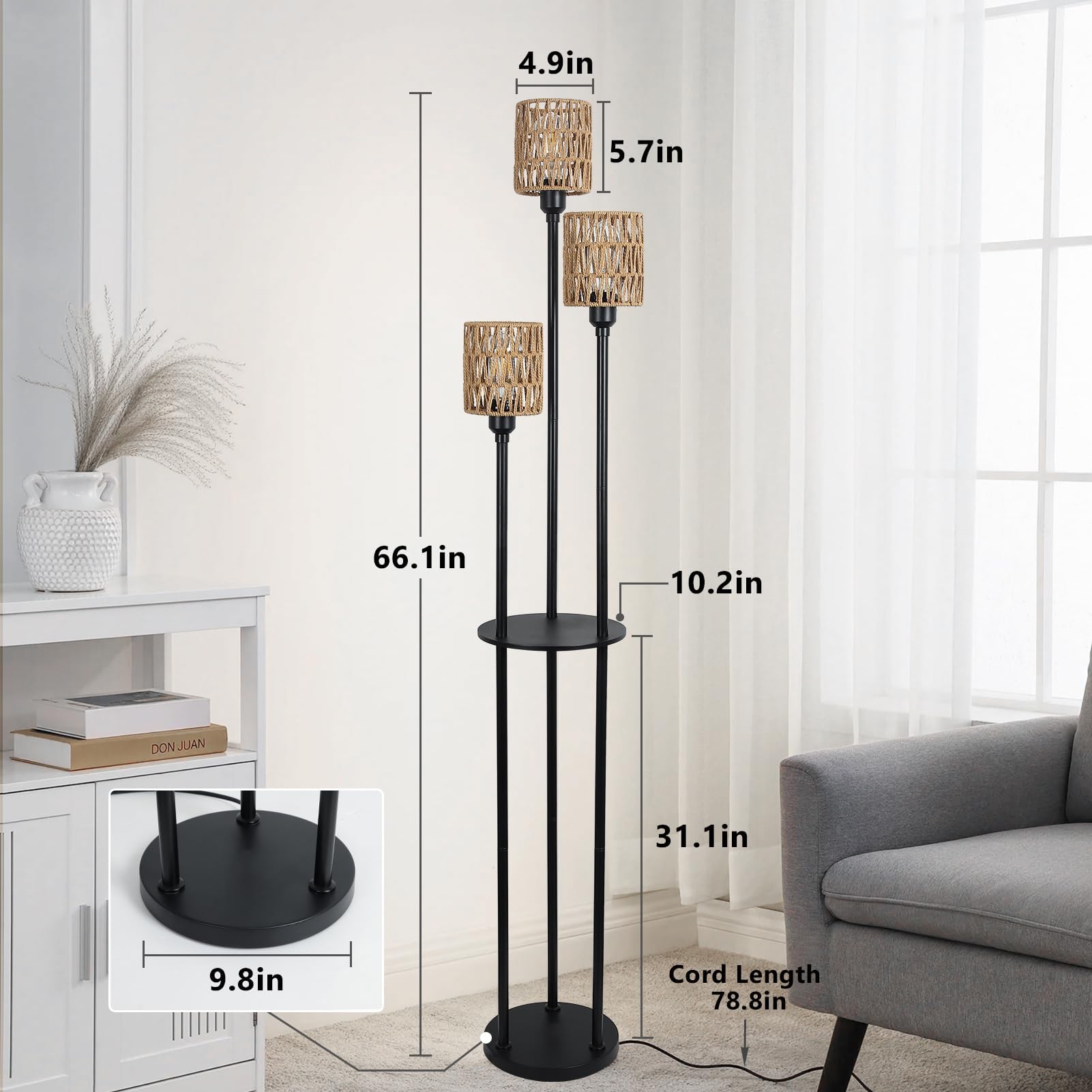 Boho 3-Light Rattan Floor Lamp with Shelves & Table - Rustic Farmhouse Standing Lamp with ON/Off Foot Switch & Rattan Shades - Tall Corner Lamp for Living Room, Bedroom, Office - Perfect for Reading Nook, Cozy Spaces & Farmhouse Decor