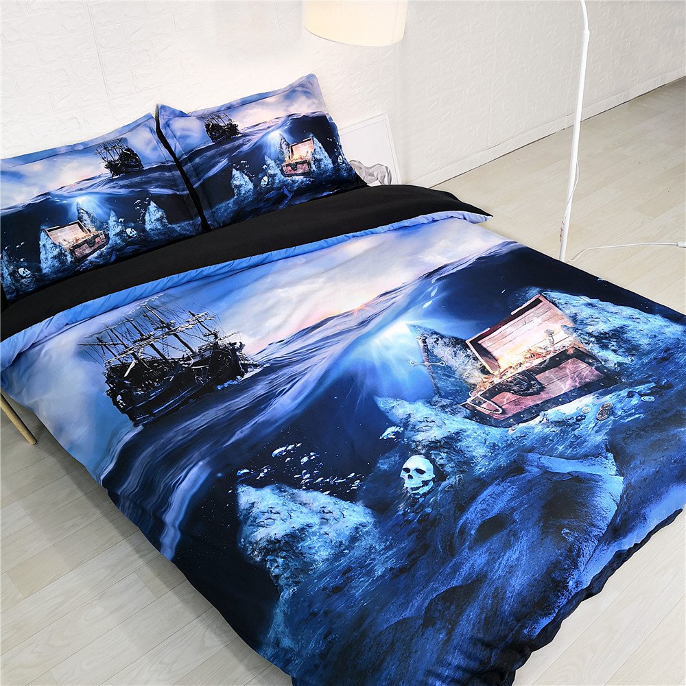 JF-436 Pirate Themed Bedding Set - Grand Blue Ocean Print with Skull & Treasure Box Design - 3 Piece Twin Size (Includes 1 Duvet Cover & 2 Pillow Shams) - Perfect for Kids' Rooms, Nautical Themed Decor or Adventure Lovers
