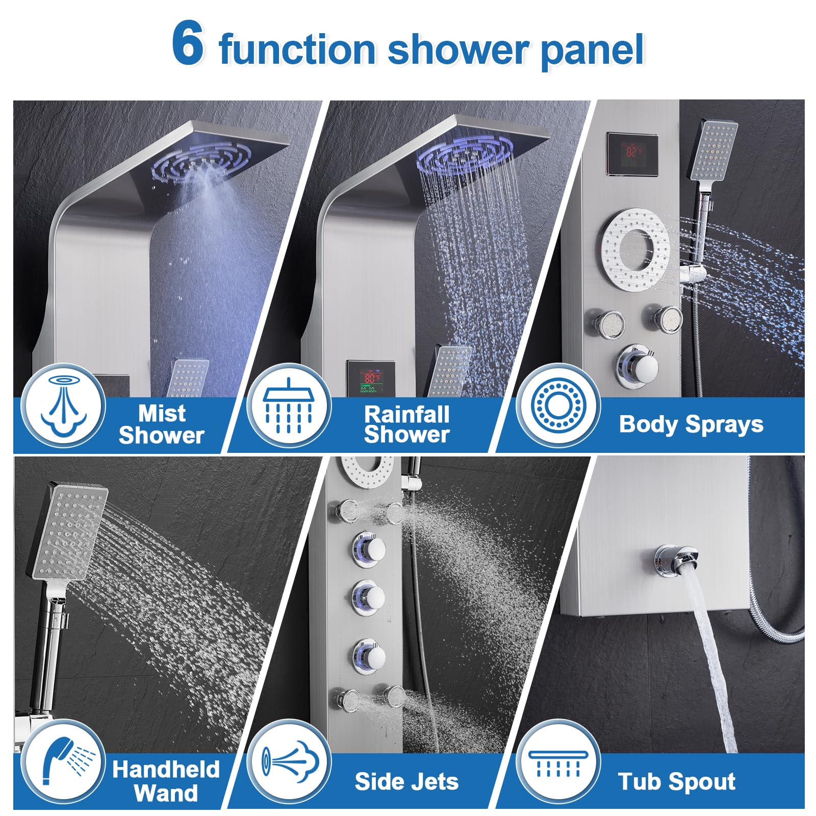 No Battery Needed Shower Panel Tower with LED Lights & Temperature Display - Rainfall, Mist & Body Jet Shower System with Handheld & Tub Spout | 304 Stainless Steel Brushed Finish | Perfect for Modern Bathroom Renovation & Spa-Like Shower Experience