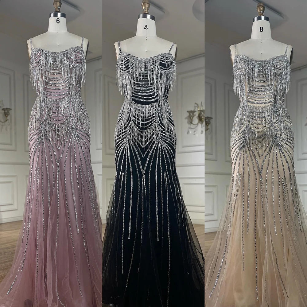 Elegant Silver Nude Spaghetti Strap Mermaid Evening Gown with Beaded Tassels - Dubai Luxury Formal Dress for Prom, Gala & Special Occasions - LA72772