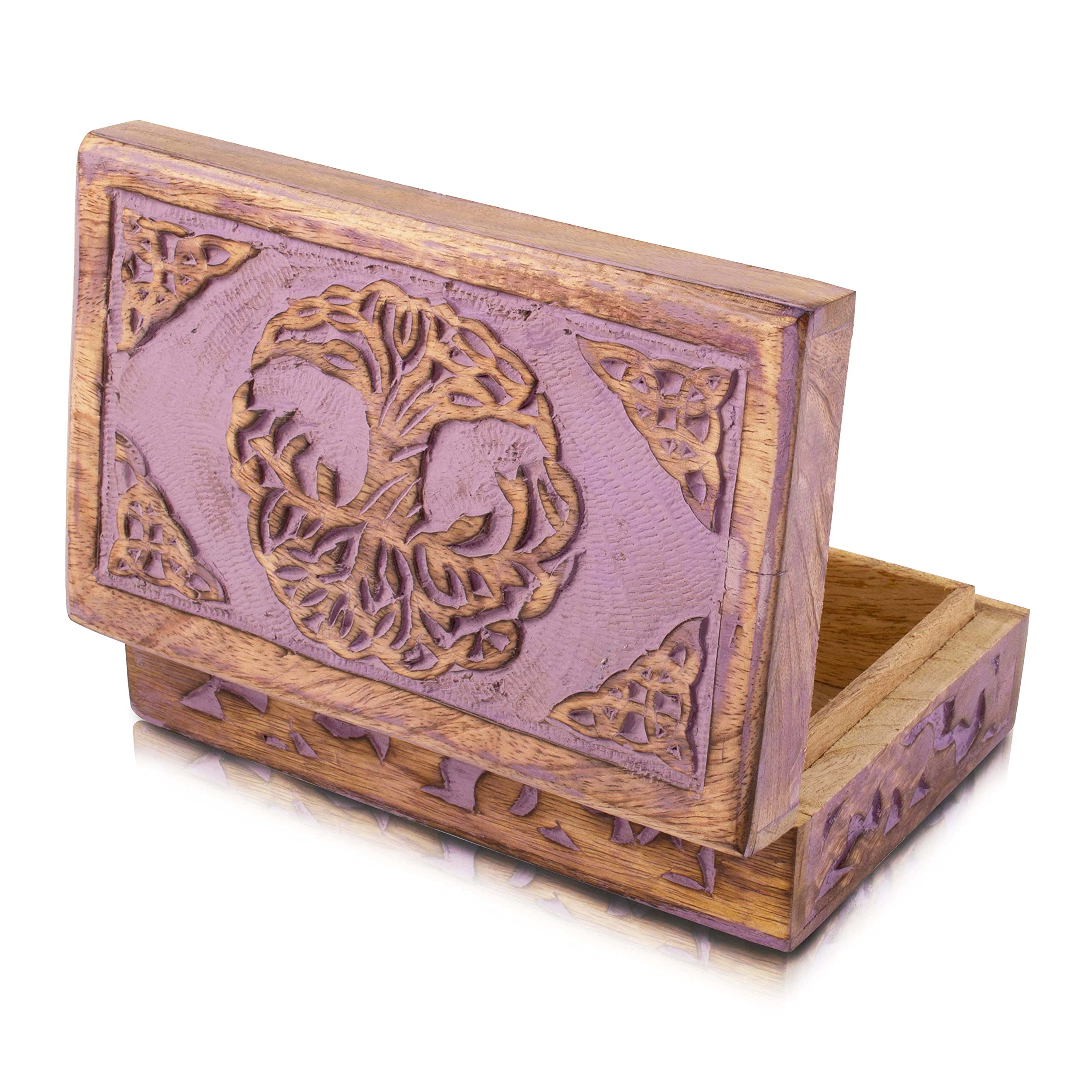 Handmade Wooden Jewelry Box with Tree of Life Carving - Jewelry Organizer, Keepsake Box, Watch Storage & Trinket Holder - Perfect Birthday, Housewarming Gift (Violet) - Ideal for Home Decor, Wedding Gifts & Jewelry Storage