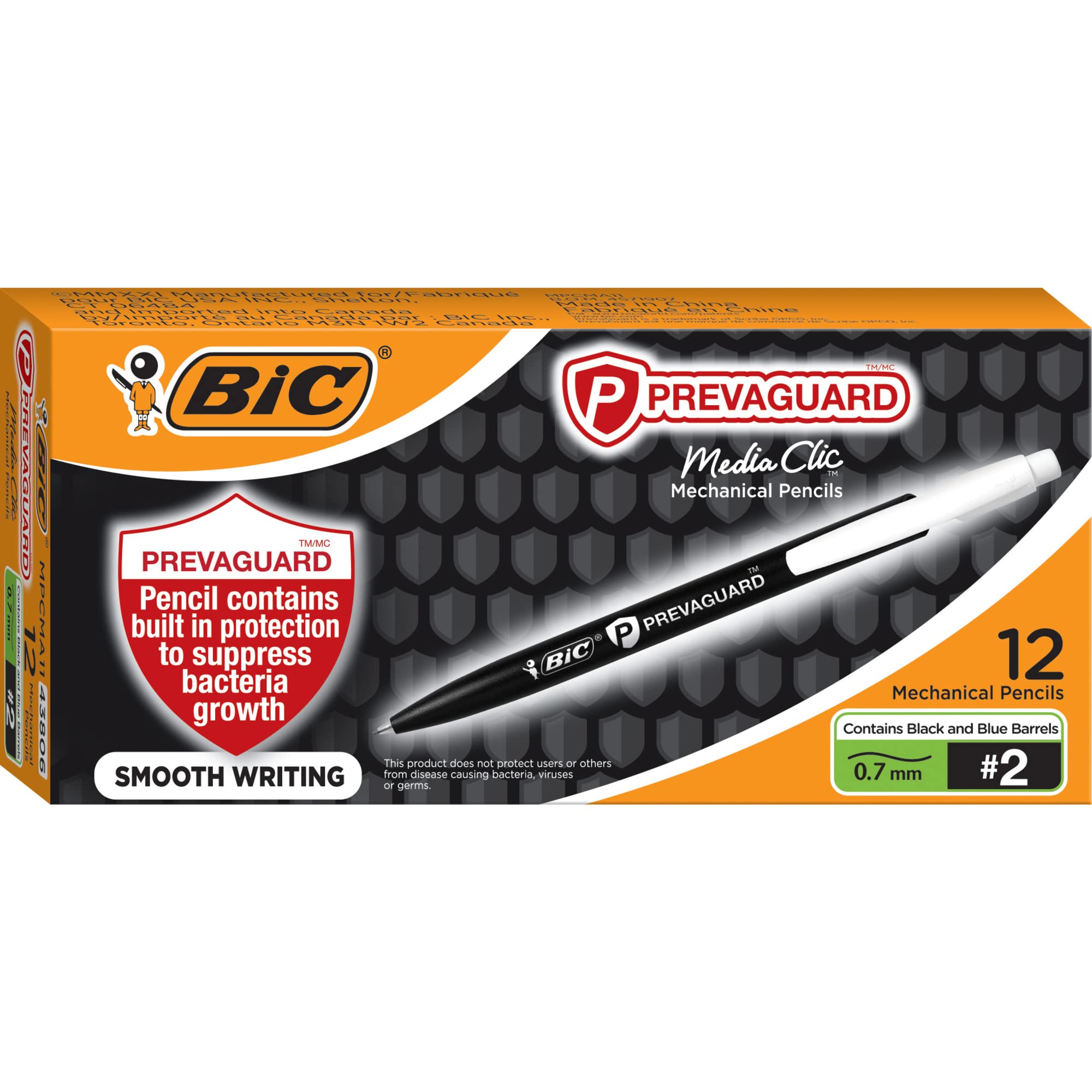 BIC PrevaGuard Media Clic #2 Mechanical Pencil, 0.7mm Medium Point, 12-Pack - Smooth Writing with Built-In Protection - Perfect for School, Office & Sketching
