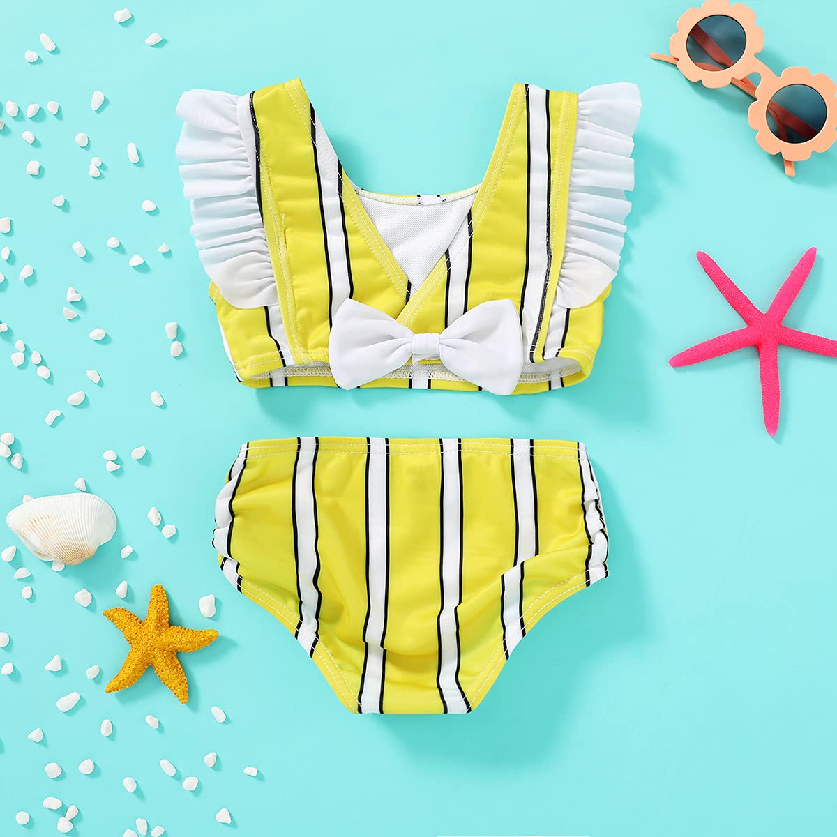 Toddler Girl Swimsuit Ruffle Sleeve Bikini Set - Beach & Pool Wear (Yellow Stripe, 12-18M)