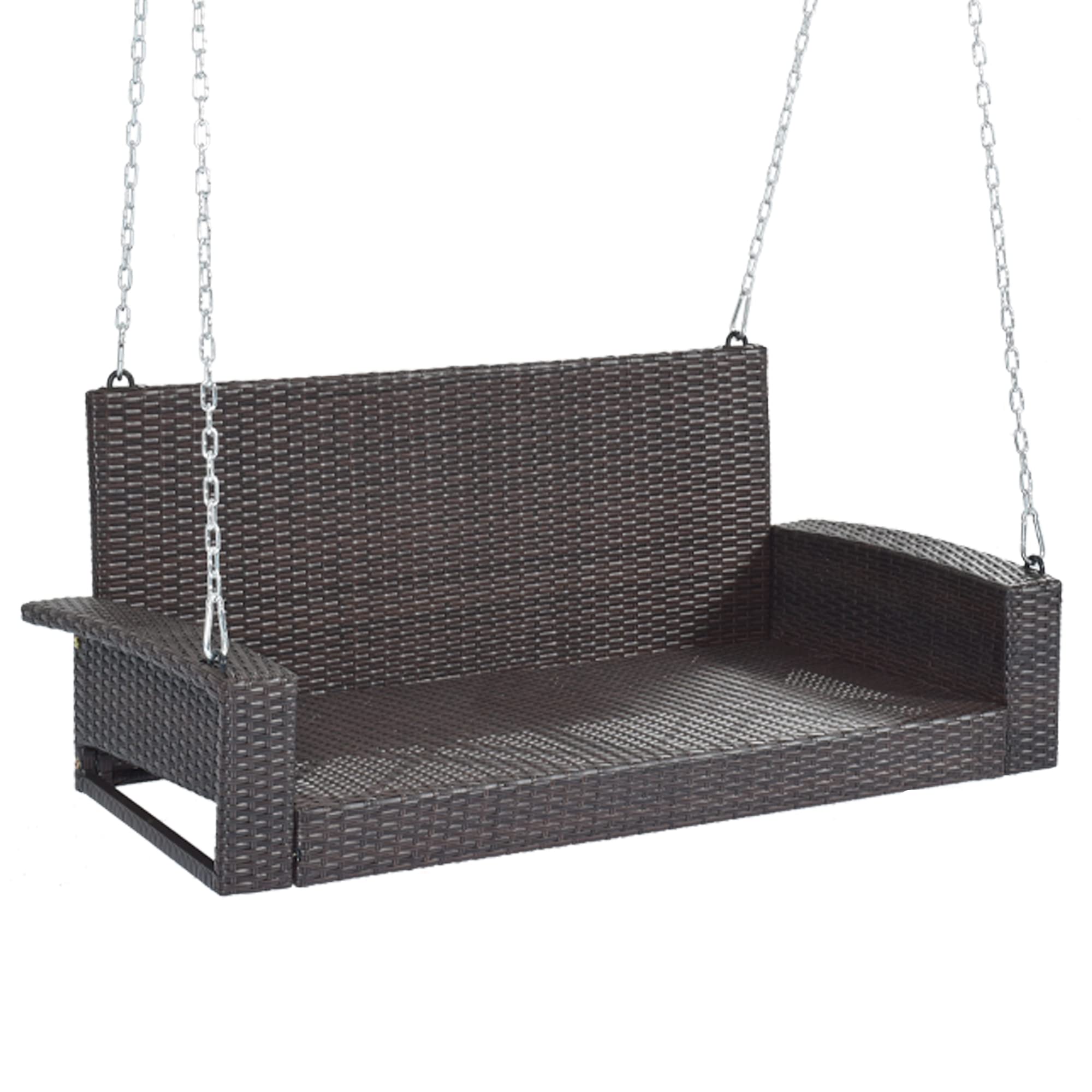Polibi 2-Seat Rattan Swing Bench with Chains & Cushion - Outdoor Porch Swing for Garden, Backyard, Patio, Pond - Brown Wicker with White Pillow - Perfect for Relaxing, Lounging & Enjoying Nature
