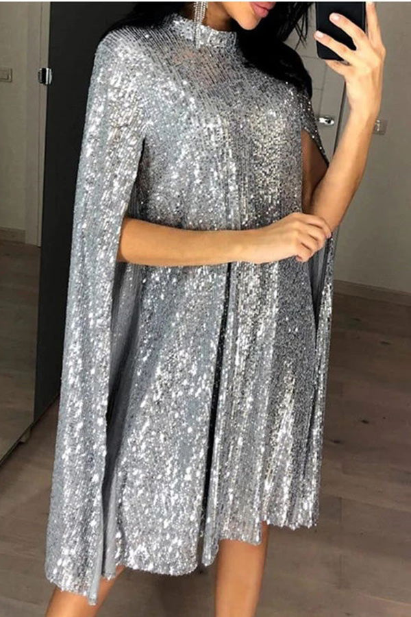 Elegant Sequins Cape Dress for Women - Perfect for Cocktail Parties, Evening Events & Special Occasions