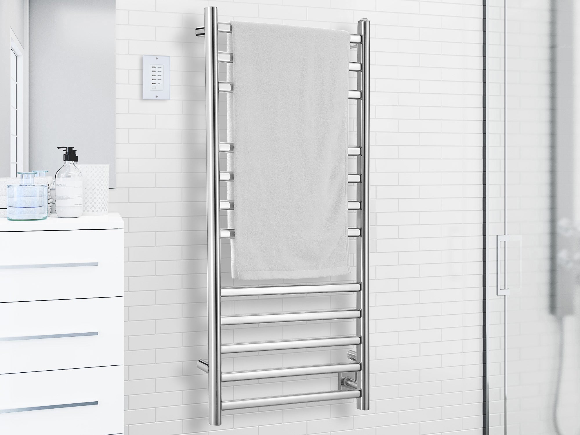 Prima Dual XL 12 Bar Hardwired & Plug-In Electric Towel Warmer - Polished Stainless Steel with Digital Wall Timer | Perfect for Bathrooms, Spas & Luxury Homes