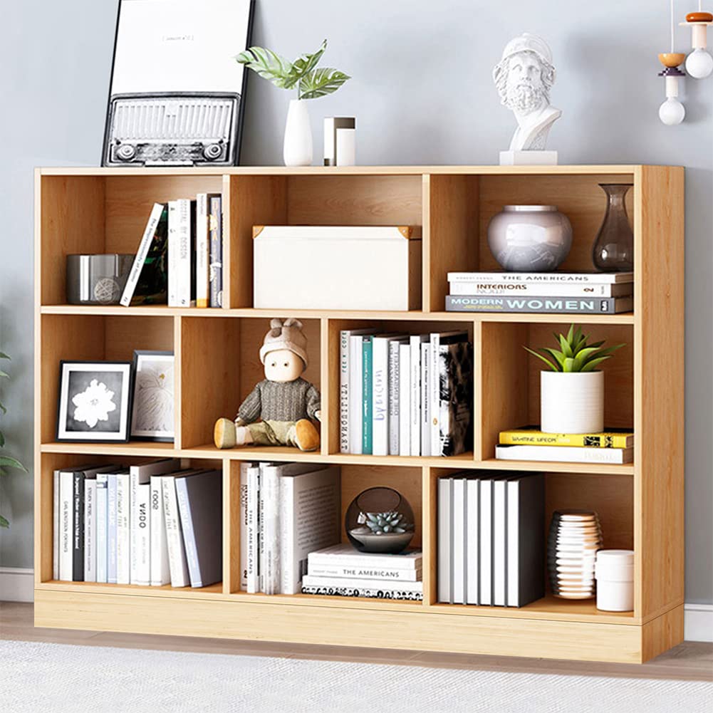 IOTXY 3-Tier Open Shelf Bookcase - Wooden Short Horizontal Bookshelf with 10 Cubes, Floor Standing Display Cabinet Organizer with Base in Pear Yellow - Perfect for Living Room, Bedroom, Office & Kids Room Storage