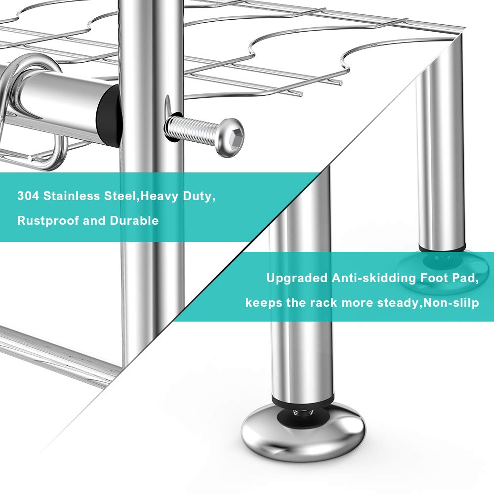 Premium 2-Tier Over The Sink Dish Drying Rack - 304 Stainless Steel Kitchen Counter Shelf with Utensil Holder Hooks (Silver) | Space-Saving Kitchen Organizer for Dishes, Cups & Cooking Tools | Perfect for Small Apartments & Compact Kitchens