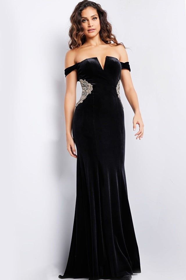 Jovani 36733 Black Off-the-Shoulder Velvet Evening Dress for Prom, Cocktail Parties & Special Occasions