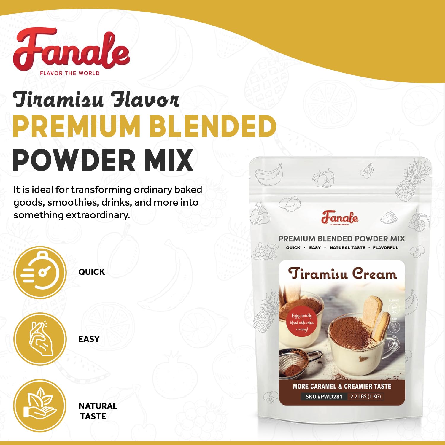 Premium Tiramisu Flavor Powder for Bubble Tea & Baking - 2.2lb (1kg) | Ideal for Smoothies, Desserts & Coffee Drinks | Fanale PWD281 | Great for Cafes, Home Baking & DIY Beverages
