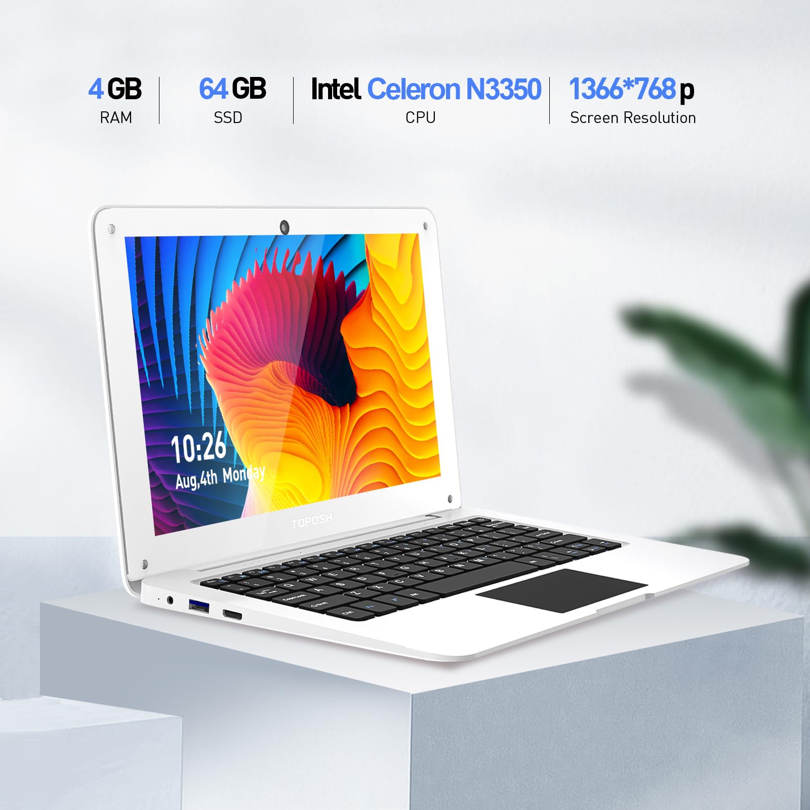 TOPOSH 10.1 Inch Windows 10 Laptop - Mini PC Notebook with Intel Celeron N3350 Dual-Core, 4GB RAM, 64GB SSD, Bluetooth 4.0, WiFi, HDMI - Portable White Computer for Work, Study & Travel