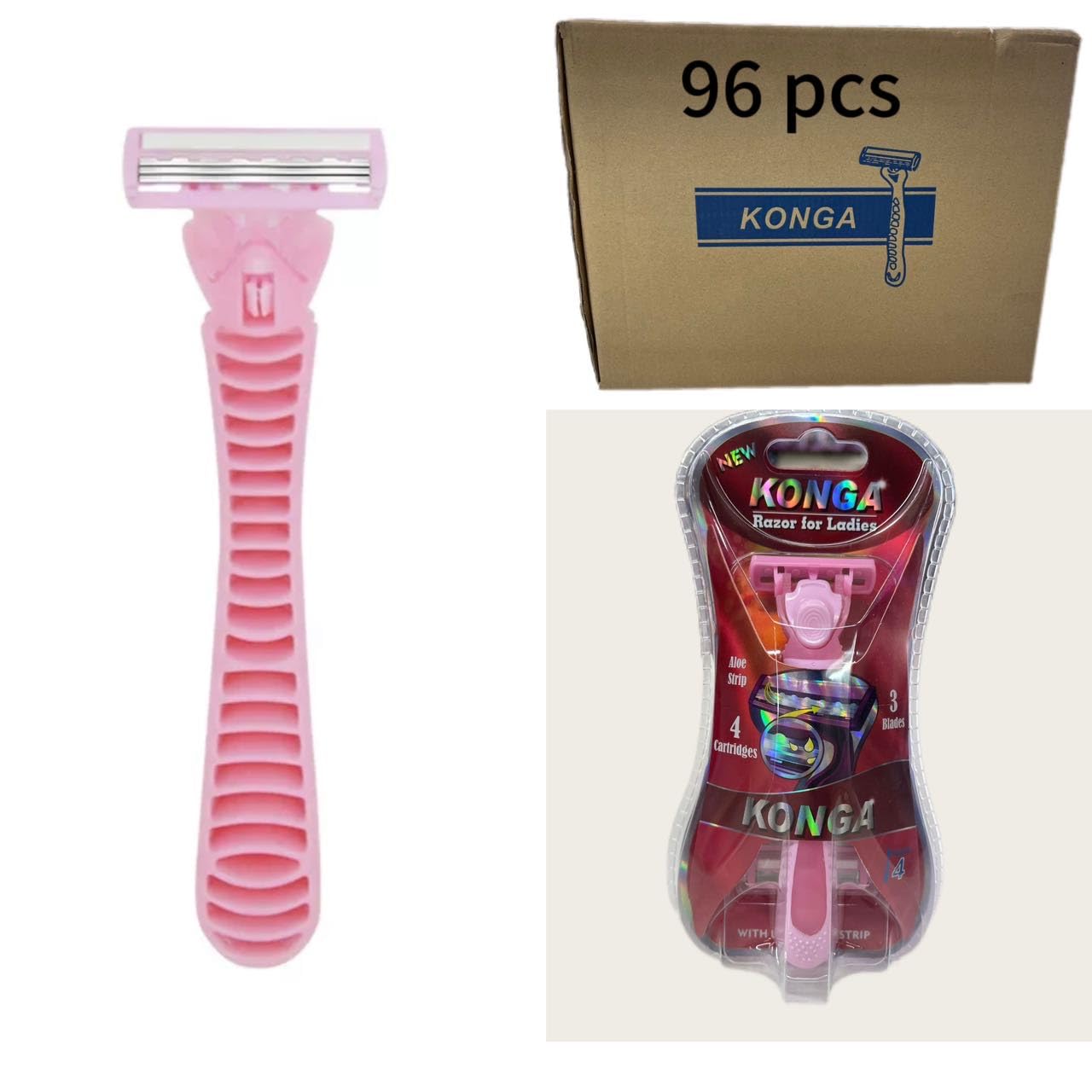 Pink Women's Shaving Razor Set with 3 Refill Blades - 3 Layer Stainless Steel Razor for Sensitive Skin - 96pcs Bulk Pack - Perfect for Travel, Gym & Home Use