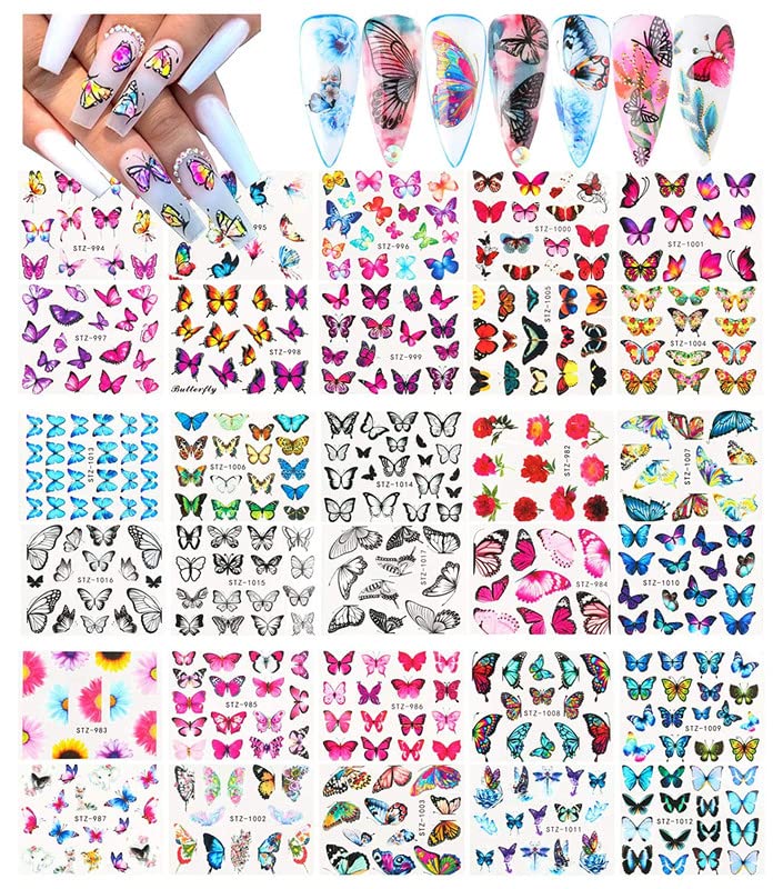 Shidara Butterfly Nail Art Stickers - 12PCS Water Transfer Nail Decals with Floral & Butterfly Patterns for DIY Manicure & Pedicure | Easy to Apply Nail Decorations for Women | Perfect for Parties, Weddings, and Everyday Nail Art