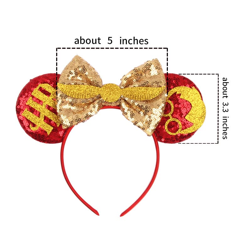 Sparkly Mouse Ears Headband with Shiny Bow - Glitter Party Princess Hairband for Girls & Women | Disney Cosplay Costume, Birthday Party Accessories, Halloween Dress Up (Red)