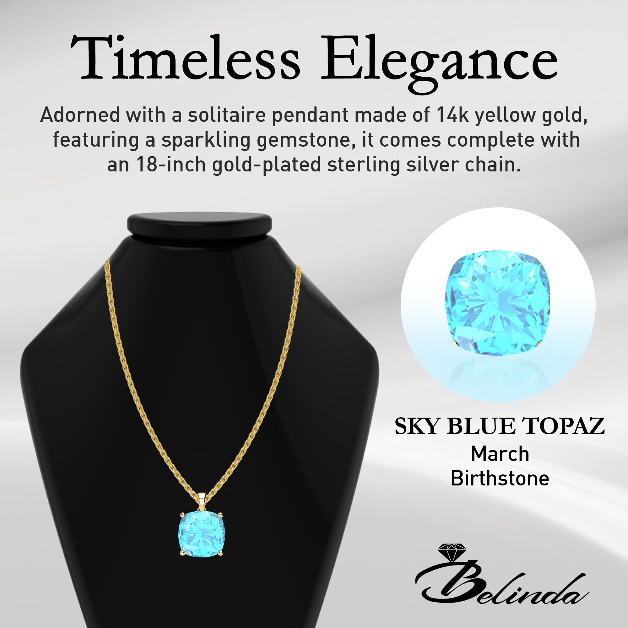 14K White & Yellow Gold Birthstone Pendant Necklace for Women - Sparkling Cushion Cut Gemstone with Sterling Silver Chain - Elegant Fine Jewelry Gift for Birthday, Anniversary & Special Occasions