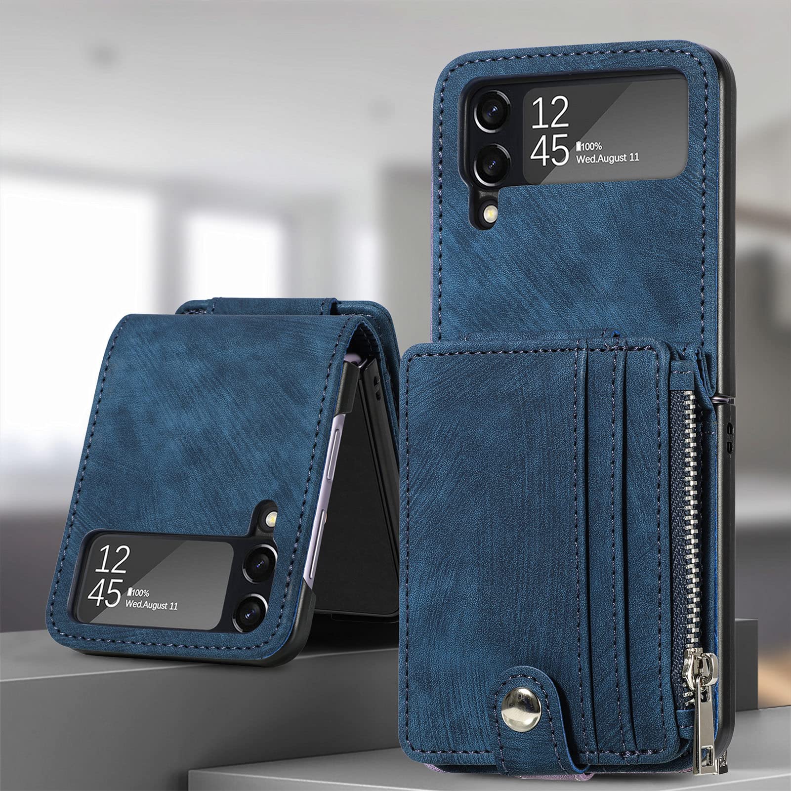 Samsung Galaxy Z Flip 4 Leather Wallet Case with Detachable Card Holder & Magnetic Kickstand - Shockproof Minimalist Front Pocket Phone Cover for Men & Women (Blue) | Perfect for Everyday Use, Travel, and Business Meetings