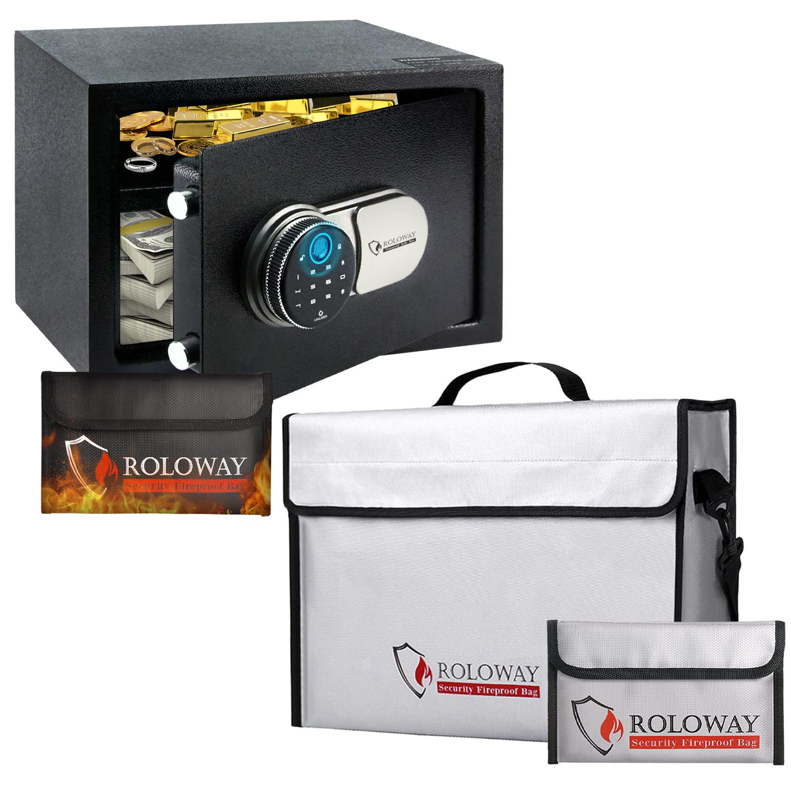 ROLOWAY Biometric Fingerprint Safe Box with Fireproof Money Bags & Large Fireproof Bag Set (Silver) - Secure Cash, Jewelry & Documents at Home or Office - Fireproof Safe for Valuables Protection