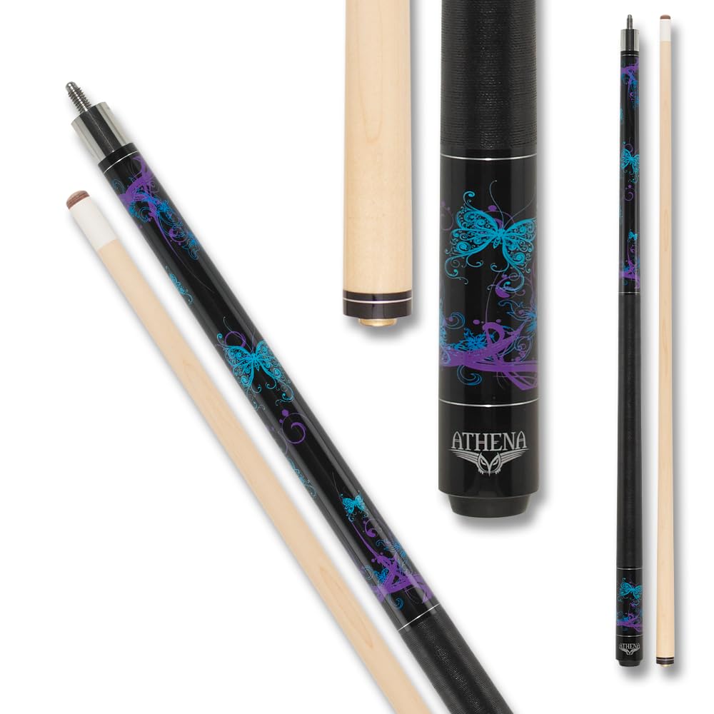 Athena ATH44 Teal and Purple Butterflies Pool Cue Stick - Professional Billiards Accessory for Pool Halls, Game Rooms & Home Recreation