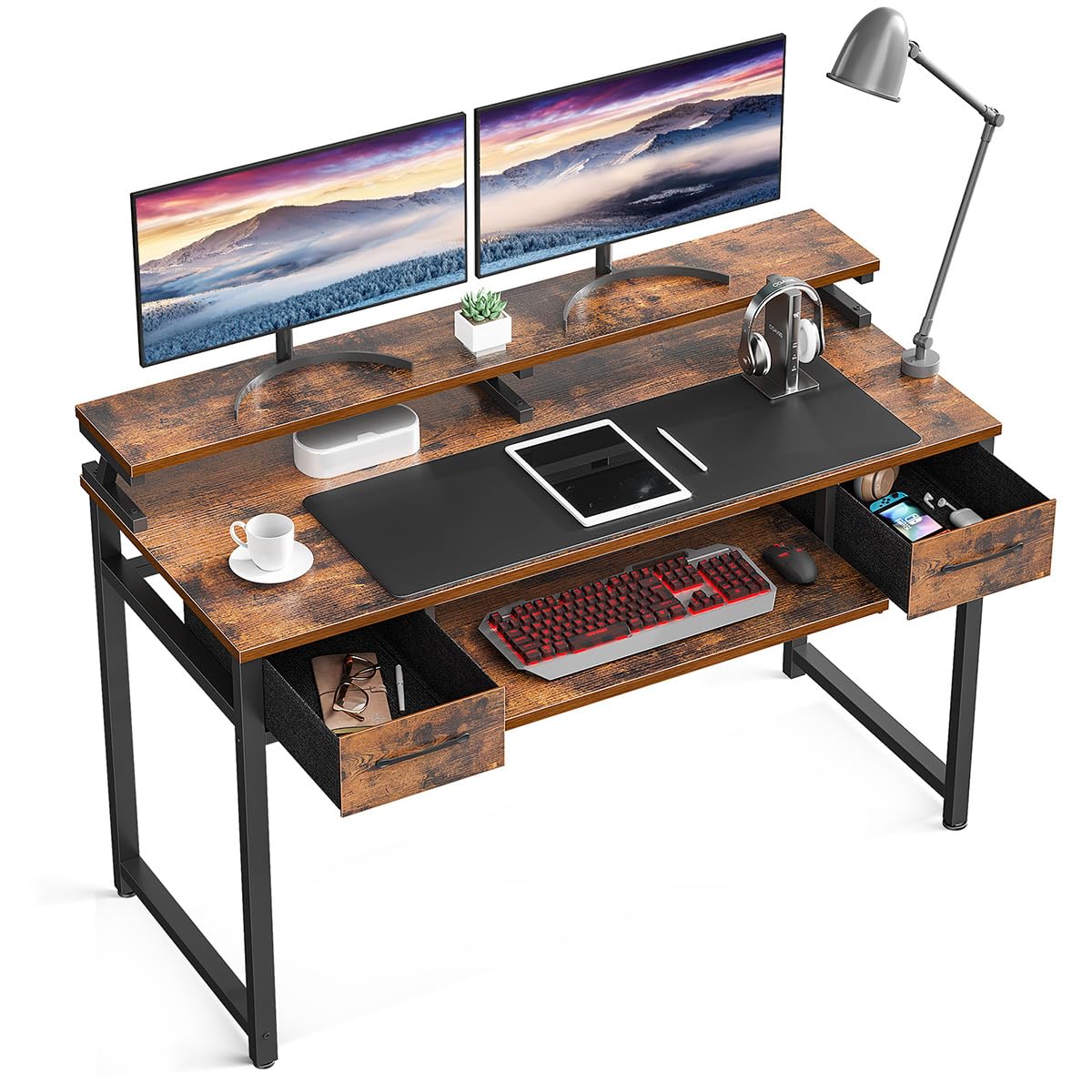 48 Inch ODK Computer Desk with Drawers & Keyboard Tray - Rustic Brown Home Office Desk with Monitor Shelf & Storage | Perfect for Study, Work & Gaming Setup