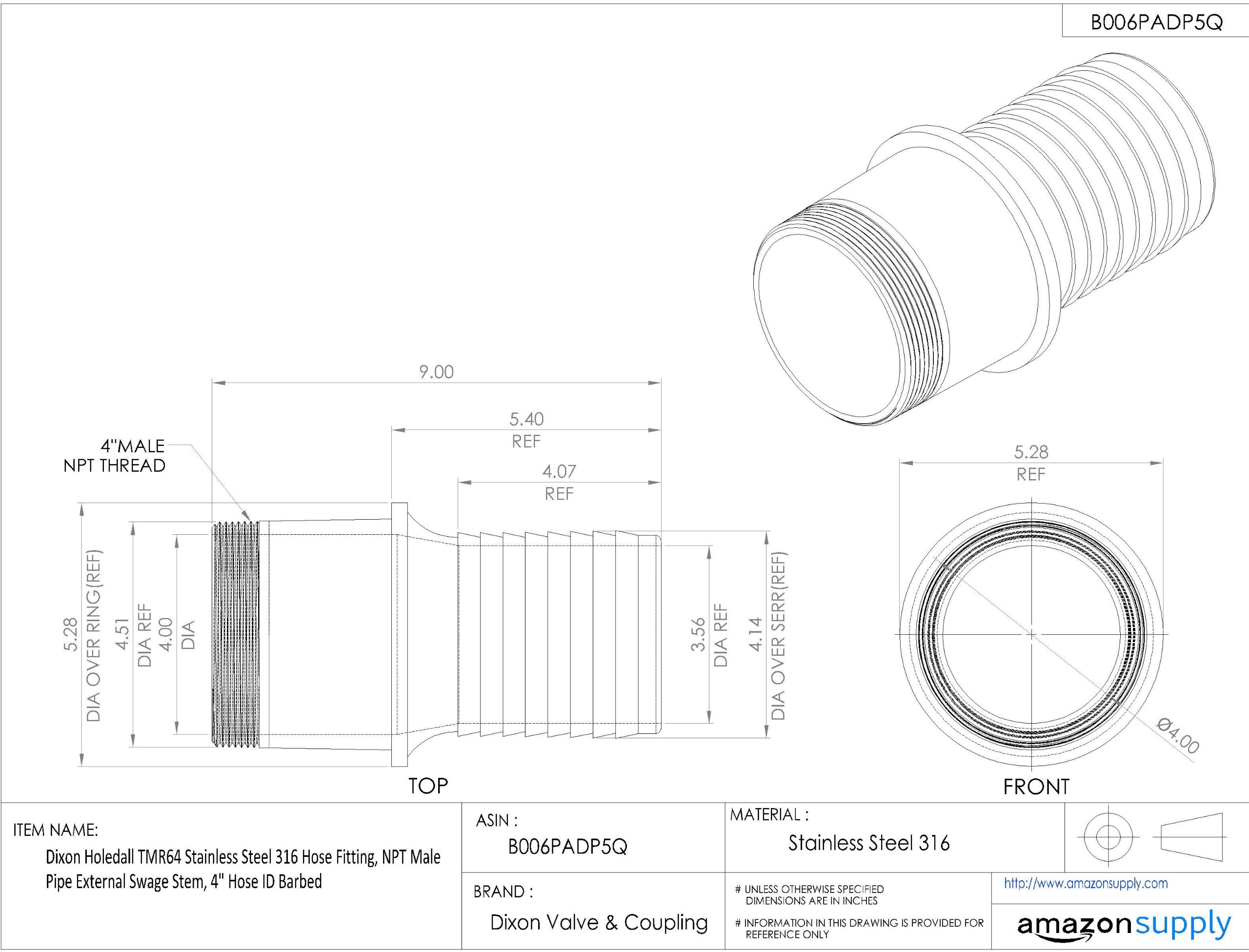 316 Stainless Steel TMR64 Hose Fitting - NPT Male Pipe with 4