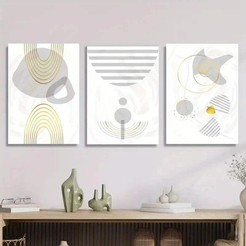 3-Piece Retro Golden Lines Gray and Gold Abstract Metal Wall Art - Ready to Hang, Modern Home Decor for Living Room, Bedroom & Office