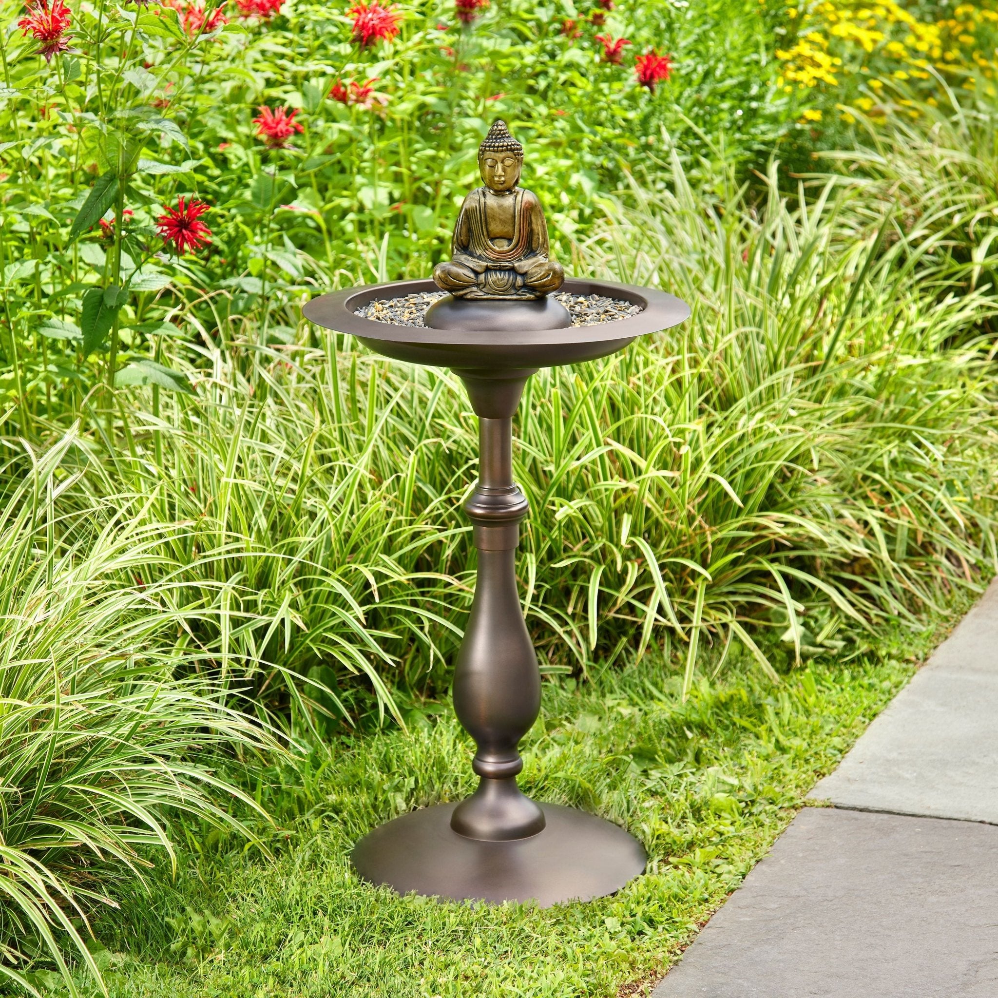 Classic Bronze Bird Bath Pedestal with Buddha Statue - Elegant Garden Decor for Outdoor Bird Watching & Zen Meditation