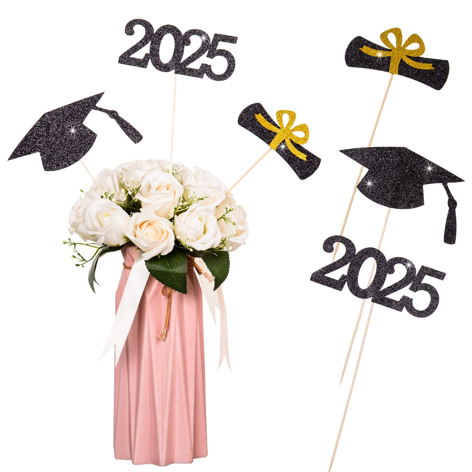 12-Piece Glitter Graduation Centerpiece Sticks - Class of 2025 Cake Toppers & Floral Picks for High School & College Graduation Parties (Black) | Perfect for Graduation Decorations, Table Centerpieces, and Photo Backdrops