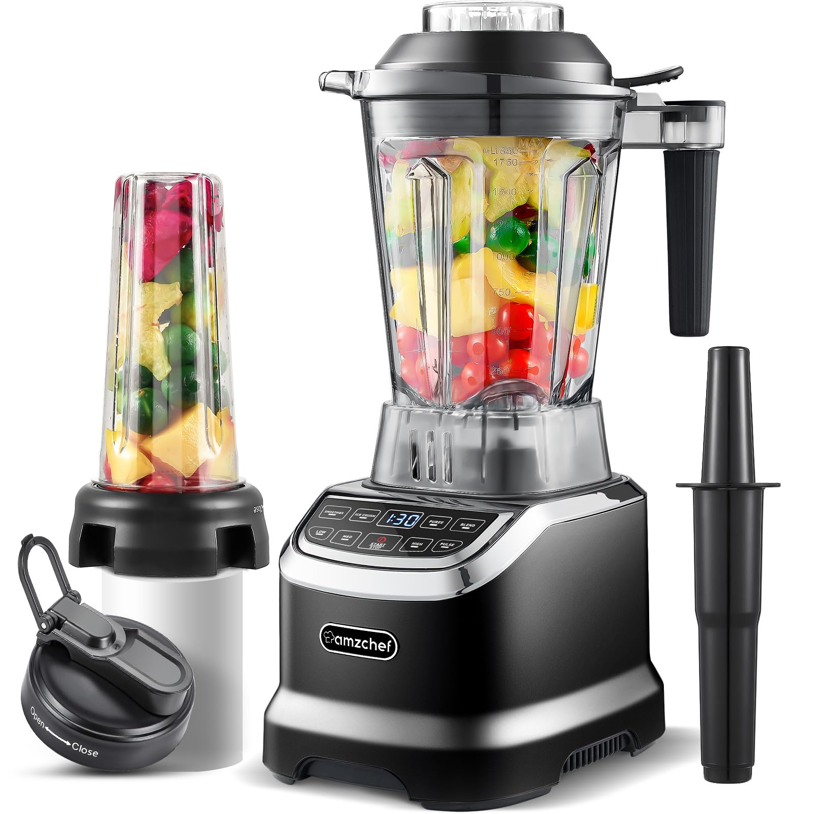 AMZCHEF 1800W Professional Blender for Smoothies, Frozen Drinks, Ice Cream & Soup - 63oz Glass Jar, 20oz Travel Bottle, 4 Functions & 3 Speeds - Powerful Kitchen Blender for Healthy Shakes, Baby Food & Meal Prep (Black)