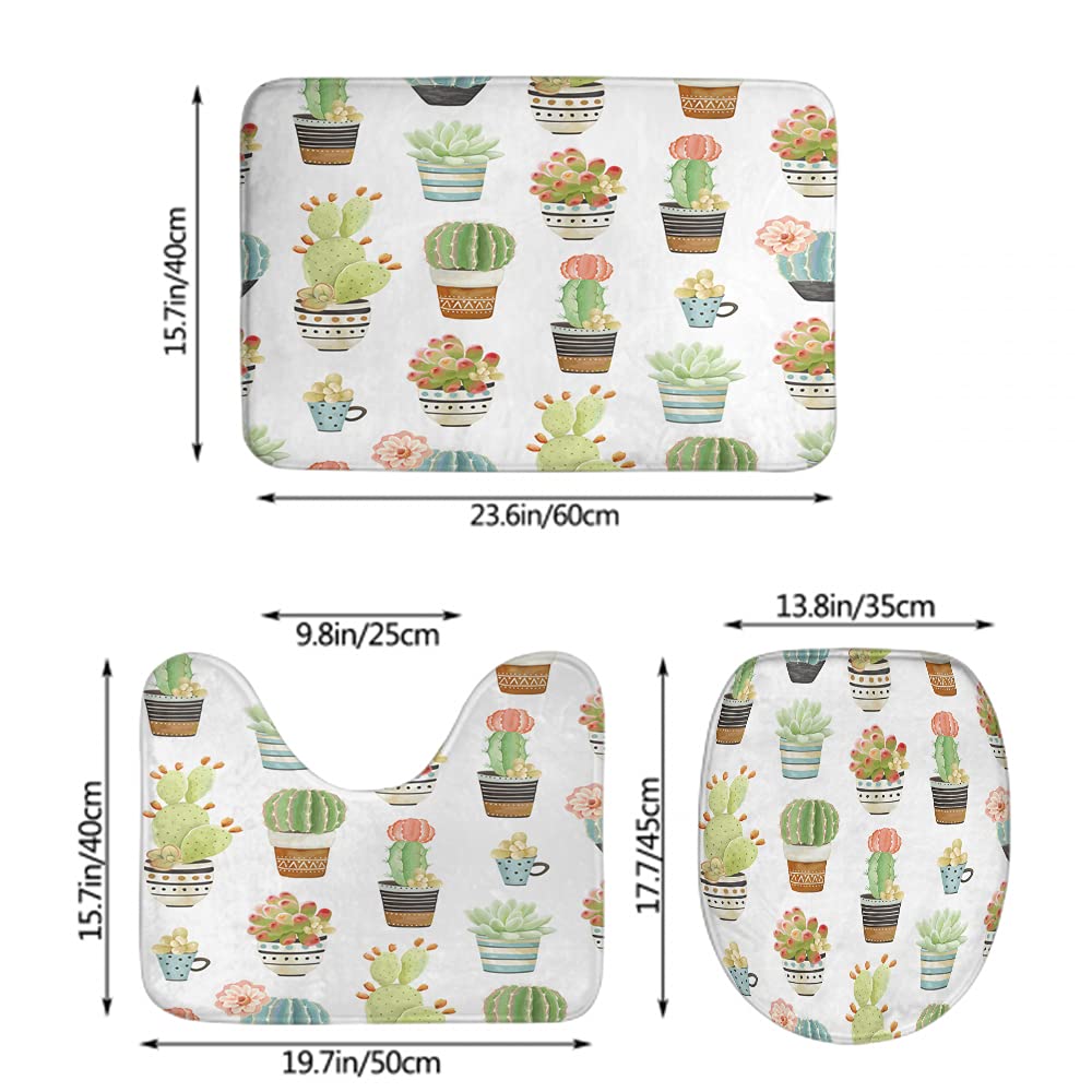 WONDERTIFY Non-Slip Bathroom Rug Set - 3 Piece Cactus Succulent Flower Design (Bath Mat, Contour Mat & Toilet Lid Cover) for Bathroom Decor & Safety