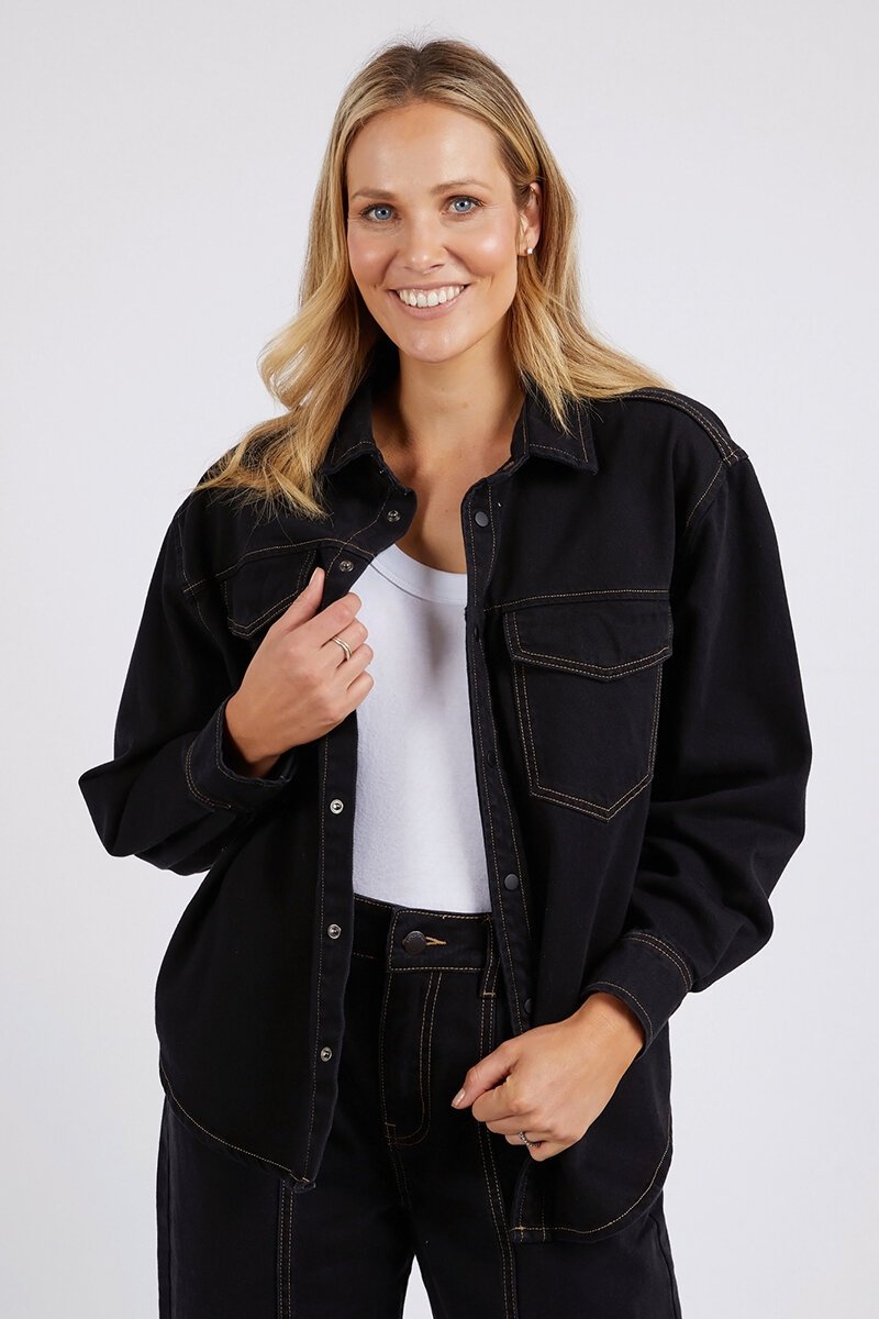 Stylish Daisy Black Contrast Stitch Overshirt for Women - Casual Button-Down Shirt with Unique Floral Design | Perfect for Spring Outfits, Layering & Everyday Wear
