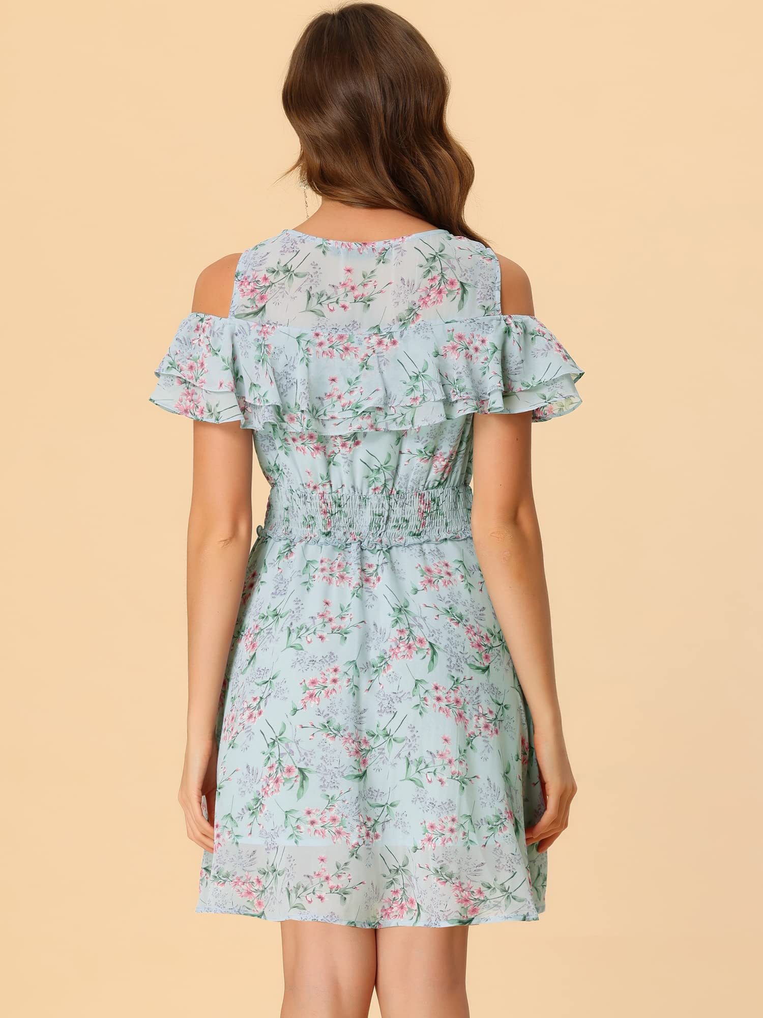 Allegra K Women's Summer Floral Chiffon Cold Shoulder Mini Dress with Smocked Waist - Perfect for Beach Vacations, Date Nights & Summer Parties