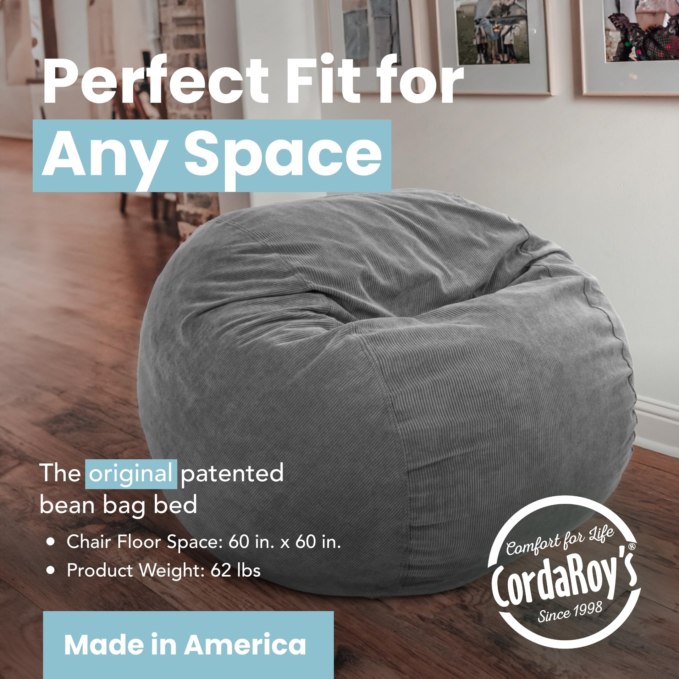 CordaRoy's Convertible Corduroy Bean Bag Chair - King Size Grey | Foldable from Bean Bag to Lounger | As Seen on Shark Tank | Perfect for Living Room, Bedroom & Game Room