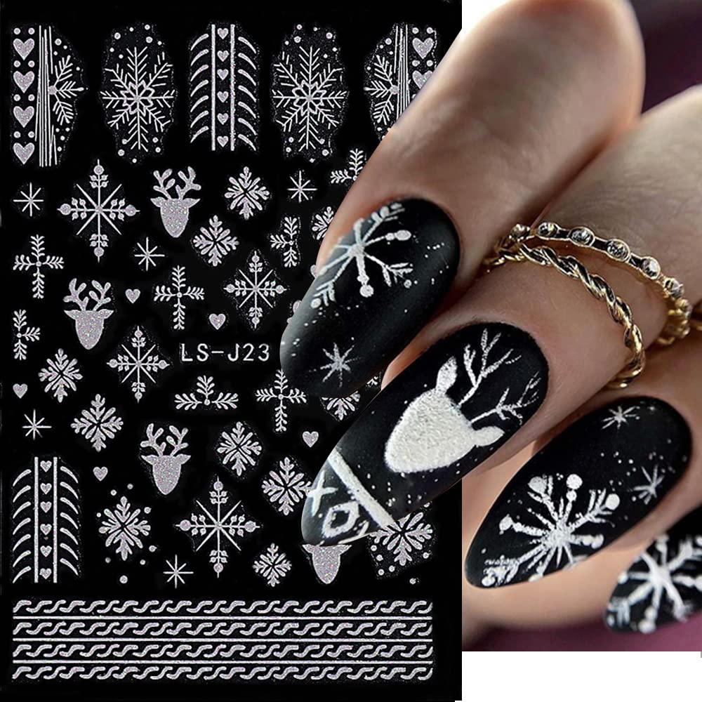 3D Snowflakes & Reindeer Christmas Nail Art Stickers - Winter Glitter Nail Decals for Women & Girls, Self-Adhesive DIY Nail Designs (4 Sheets) - Perfect for Holiday Parties, Gift Giving & Festive Nail Decorations