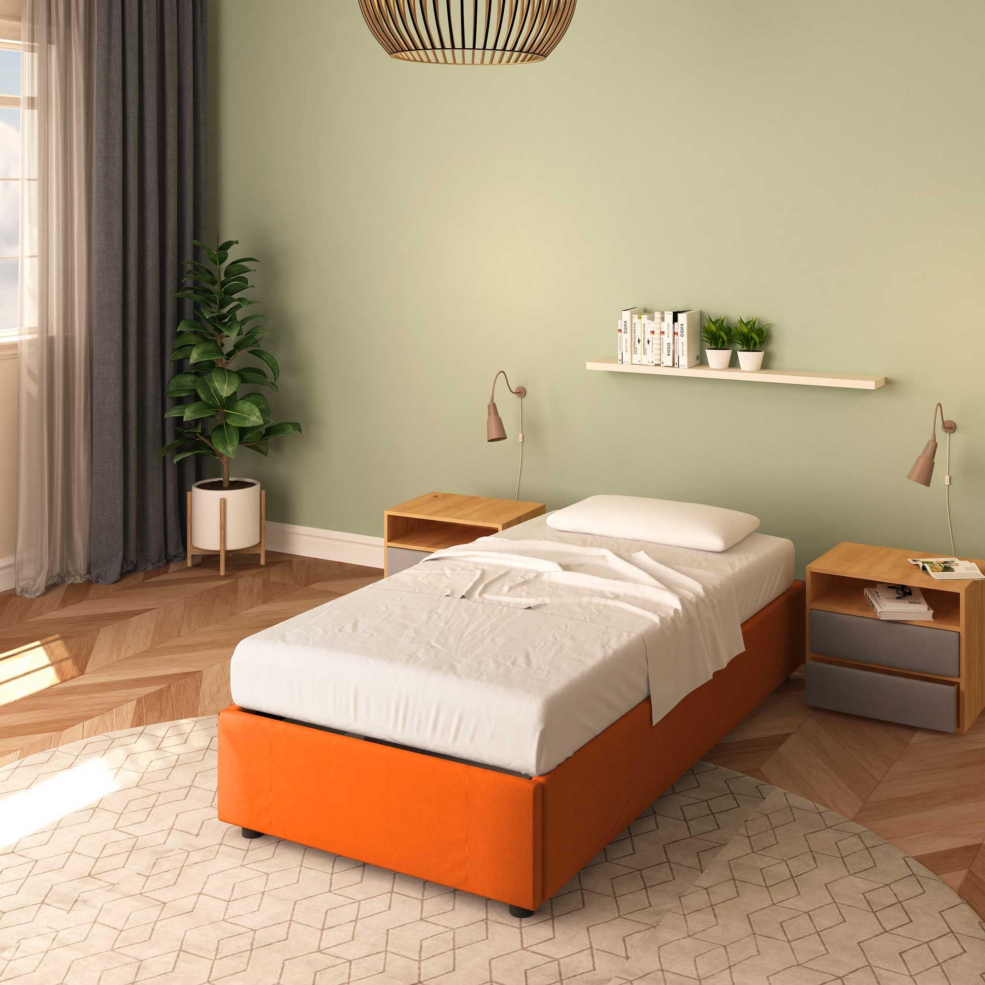 Baldiflex Cloe Square and Half Bed with Storage Container, Fabric Frame, No Headboard, Slatted Base for Mattresses, 100 x 200 cm, Orange - Perfect for Small Bedrooms, Guest Rooms & Studio Apartments