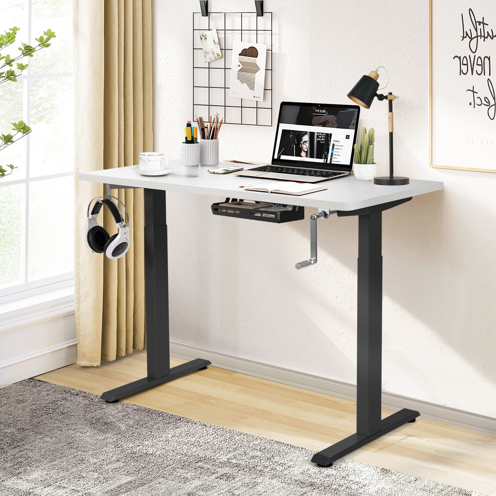 COSTWAY 48 x 24 Inch Adjustable Height Standing Desk - Manual Sit to Stand Workstation with Headphone Hook & Cable Management, Solid One-Piece Table Top for Home Office (Black & White) | Perfect for Remote Work, Gaming & Study Spaces