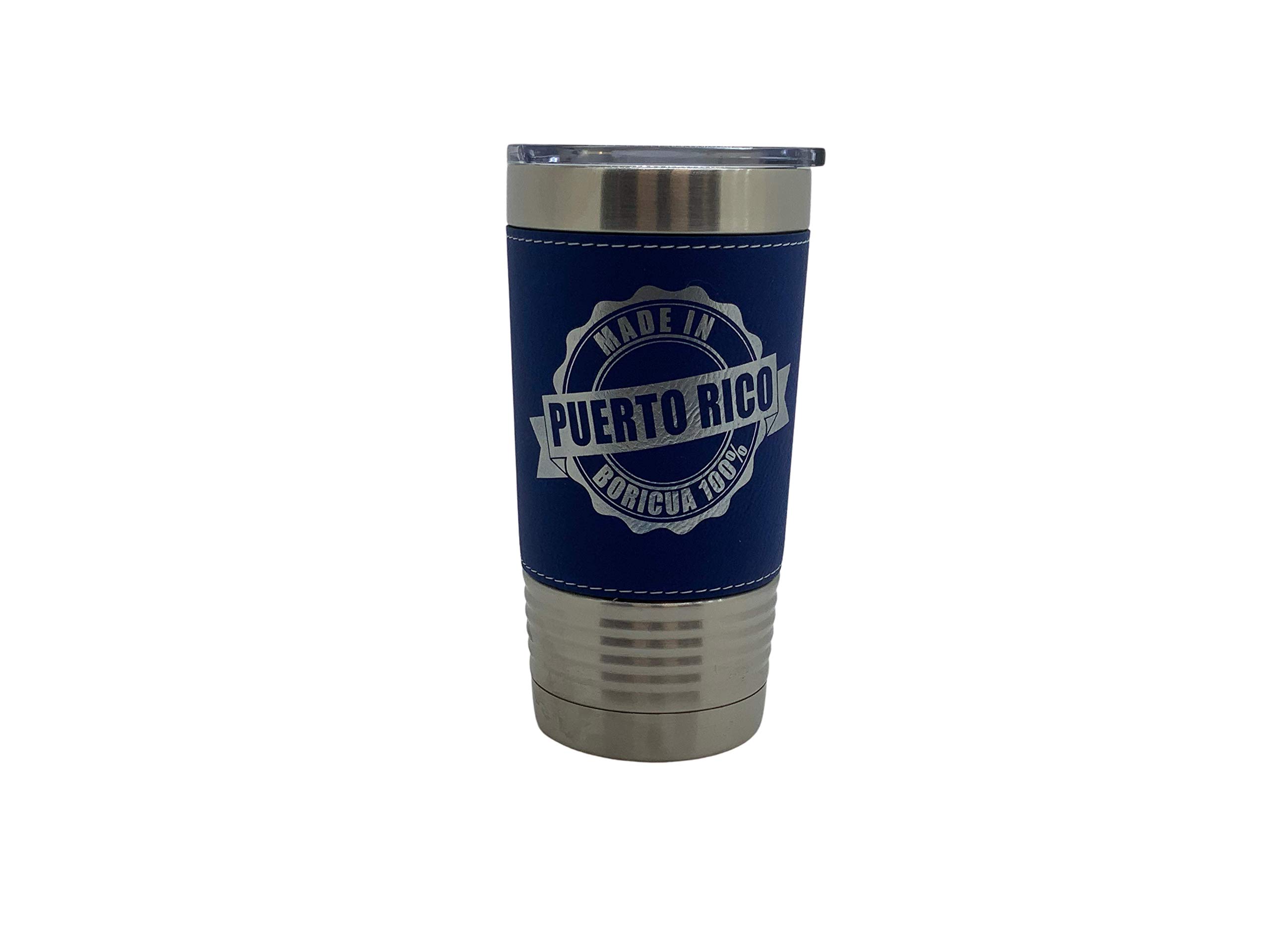 Puerto Rico Boricua 20oz Stainless Steel Vacuum Insulated Tumbler with Leather Wrap - Leakproof Travel Mug for Coffee & Tea, Perfect for Commuting, Camping & Office (Blue)