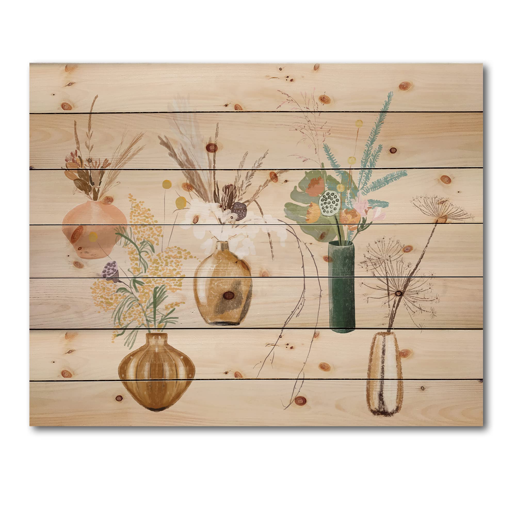 DesignQ Wildflower Bouquets in Gold Vases III - Traditional Wood Wall Decor, Beige Floral Wall Art, Large Pine Wood Wall Panels - Perfect for Living Room, Bedroom & Office Decor