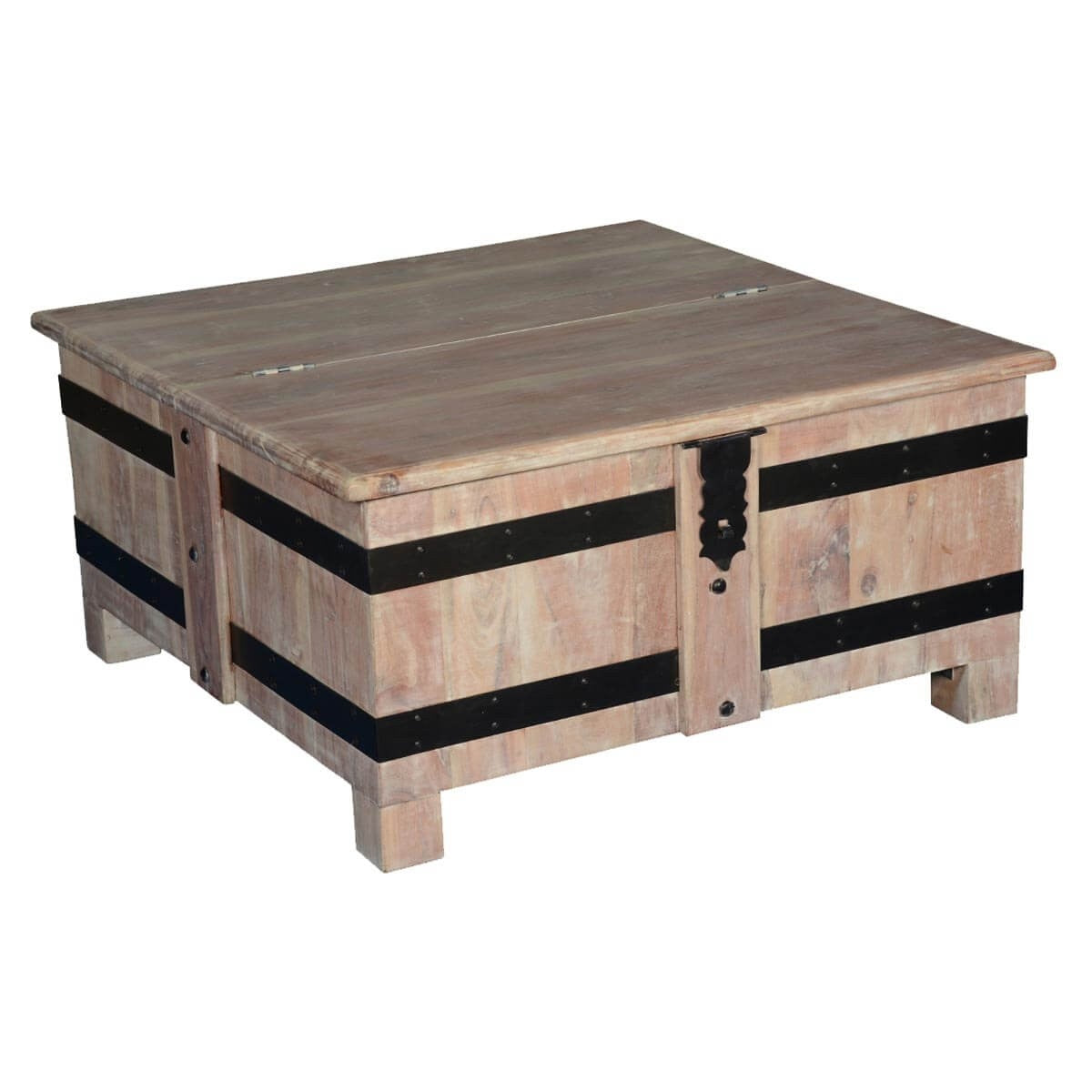 Solid Wood Square Accent Table Chest - Handcrafted Indian Teak Wood Side Table for Living Room, Bedroom & Office Decor | Rustic Home Furniture with Storage Space