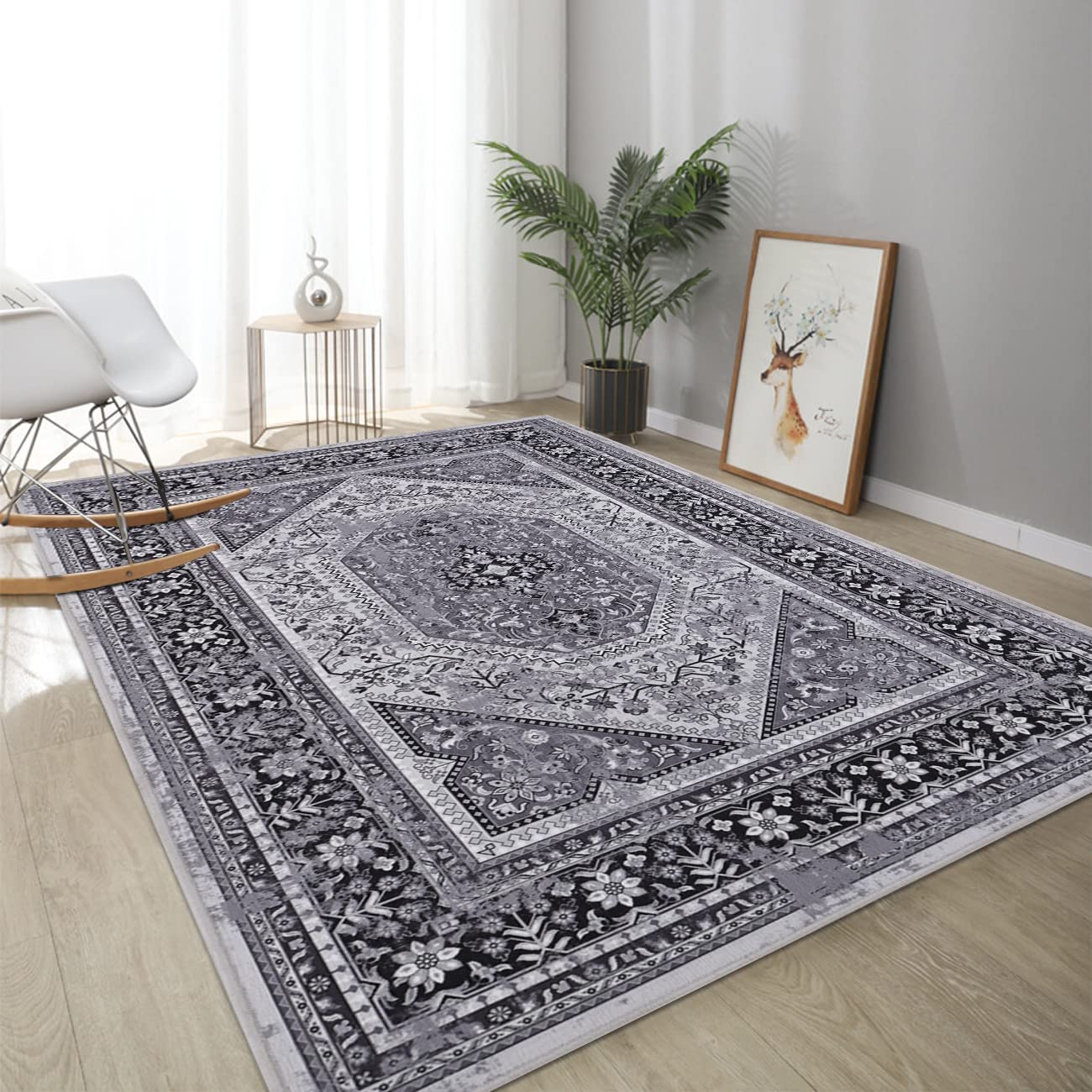 Vintage Bohemian Area Rug - Non-Slip Traditional Oriental Distressed Floral Medallion Accent Carpet - Perfect for Entryway, Bedroom, Bathroom & Kitchen Decor - Grey 3'x5' - Ideal for Boho Chic Home Decor & Cozy Living Spaces