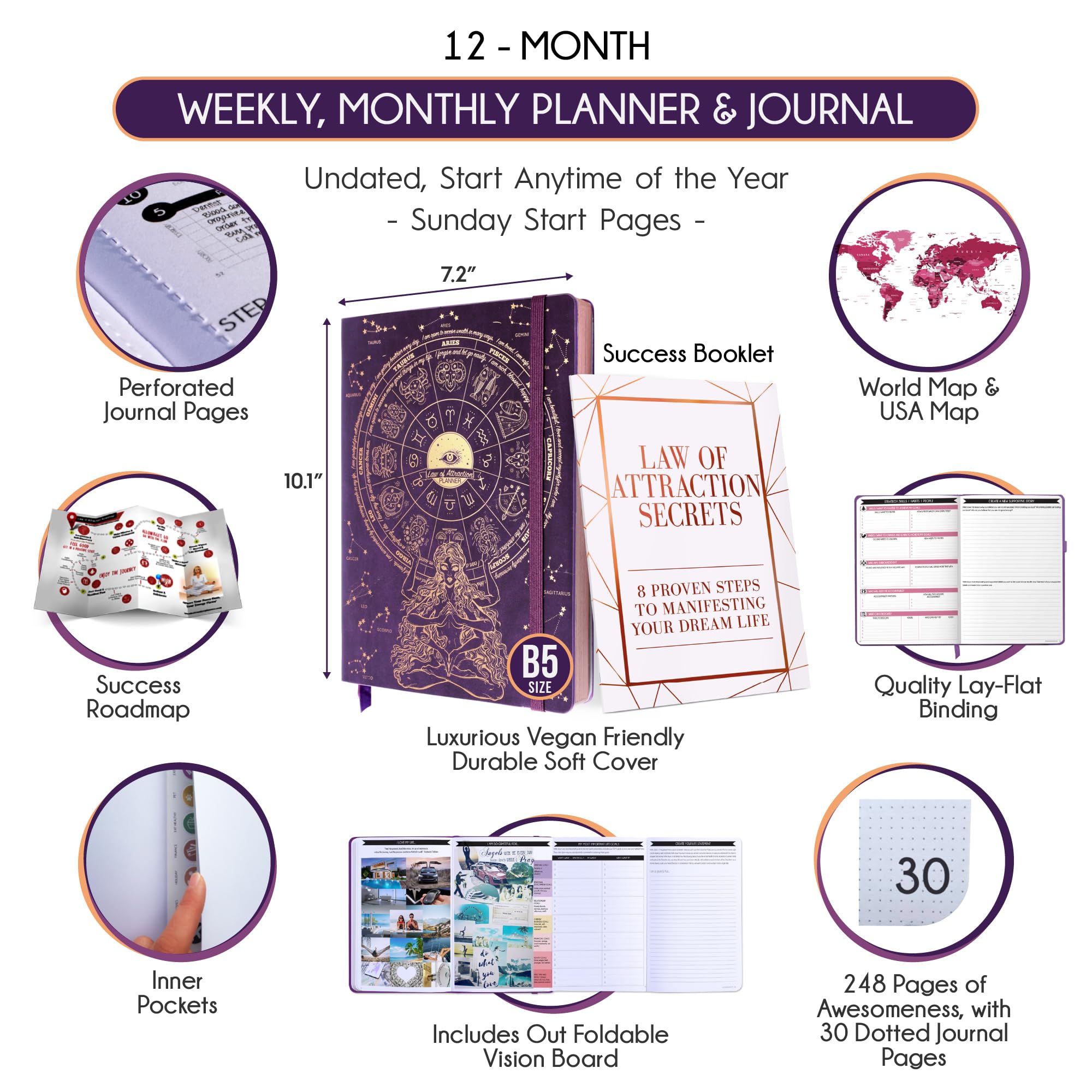 2025 Law of Attraction Planner - Undated Hourly, Weekly & Monthly Productivity Planner for Goal Setting | 12-Month Life Organizer with Gratitude Journal, Vision Board, Stickers & Gift Box | Perfect for Manifestation, Self-Improvement & Daily Planning