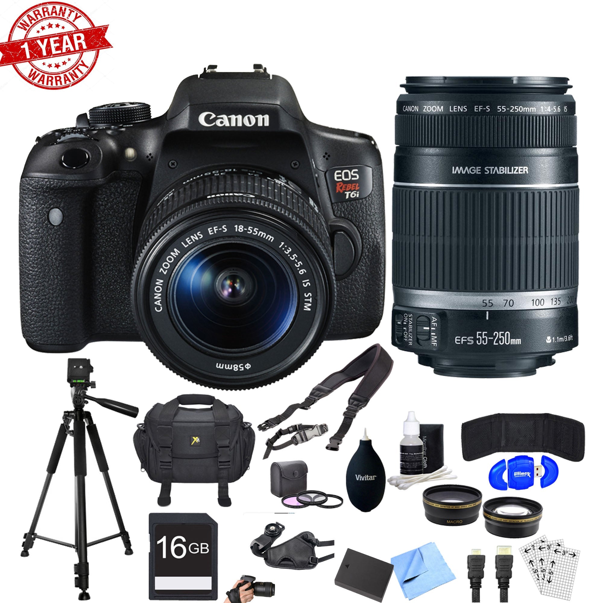 Canon EOS Rebel T6i/800D DSLR Camera with 18-55mm & 55-250mm Lenses Kit - 16GB Memory Card Bundle - Perfect for Travel Photography, Portrait Shots & Video Recording