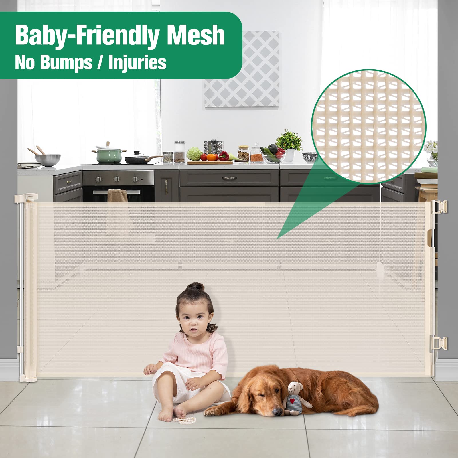 110 Inch Extra Wide Retractable Baby & Pet Gate - Indoor/Outdoor Safety Barrier for Large Openings, Doorways, Stairs - Beige Baby Proofing & Dog Gate for Home Protection