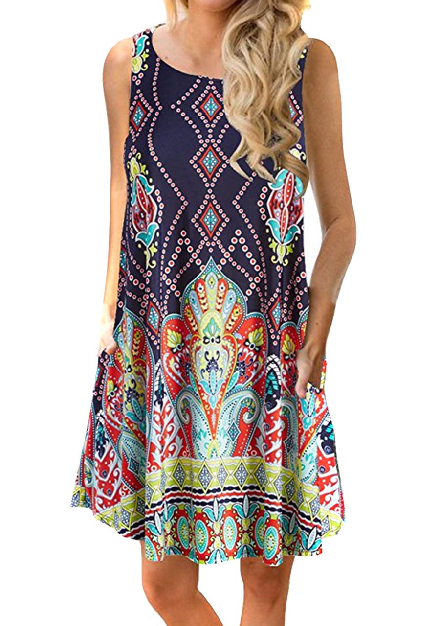 OMZIN Women's Sleeveless Swing Dress - Flared Tank Mini Dress with Pockets | Summer Casual Wear for Beach, Party & Vacation Outfits