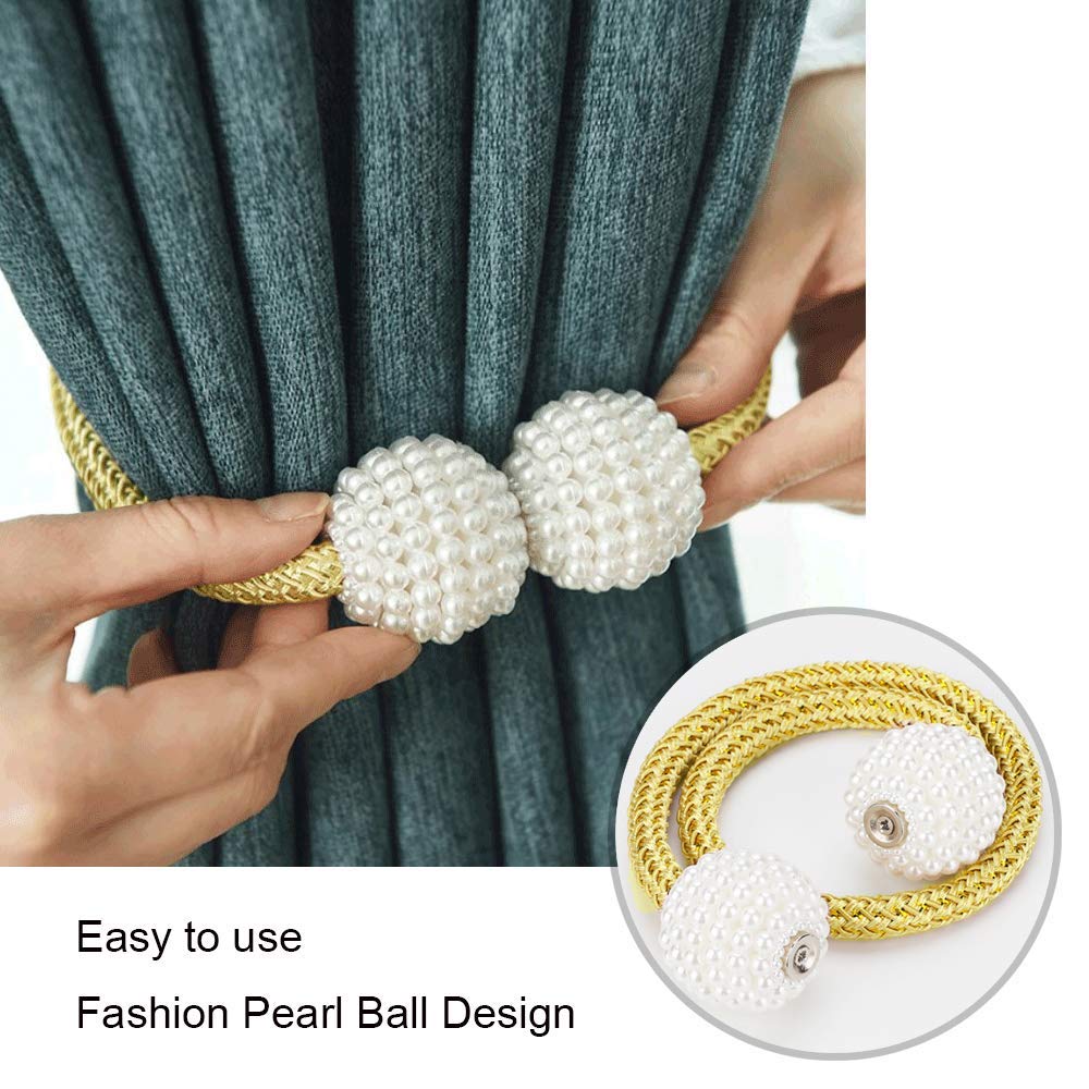 Magnetic Curtain Tiebacks 2 Pack - Gold Weave Rope Clips for Home & Office Decor