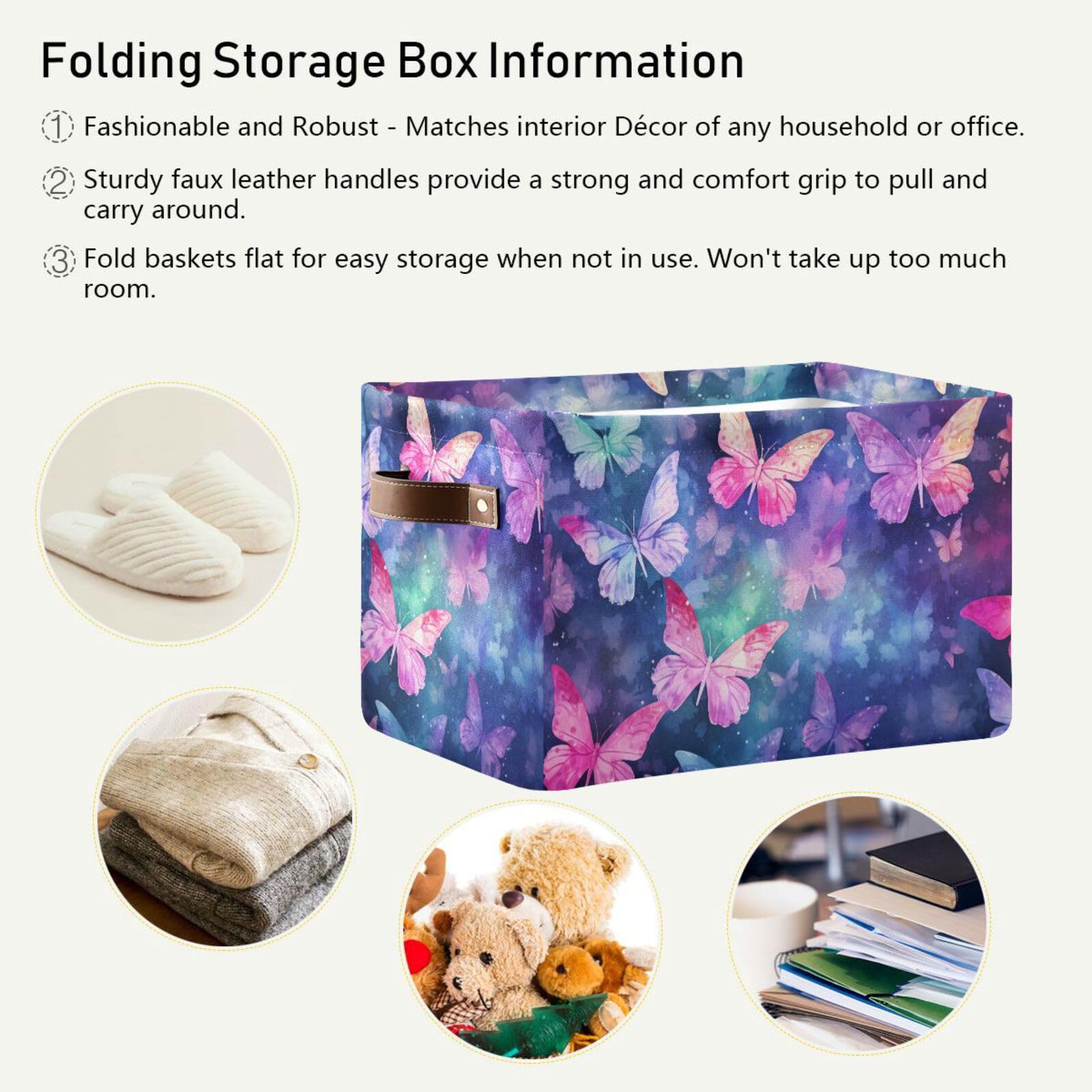 Senya Foldable Fabric Storage Basket - Spring Purple Flowers & Butterfly Design, Collapsible Clothes Organizer Bin for Bedroom, Closet & Laundry Room Storage