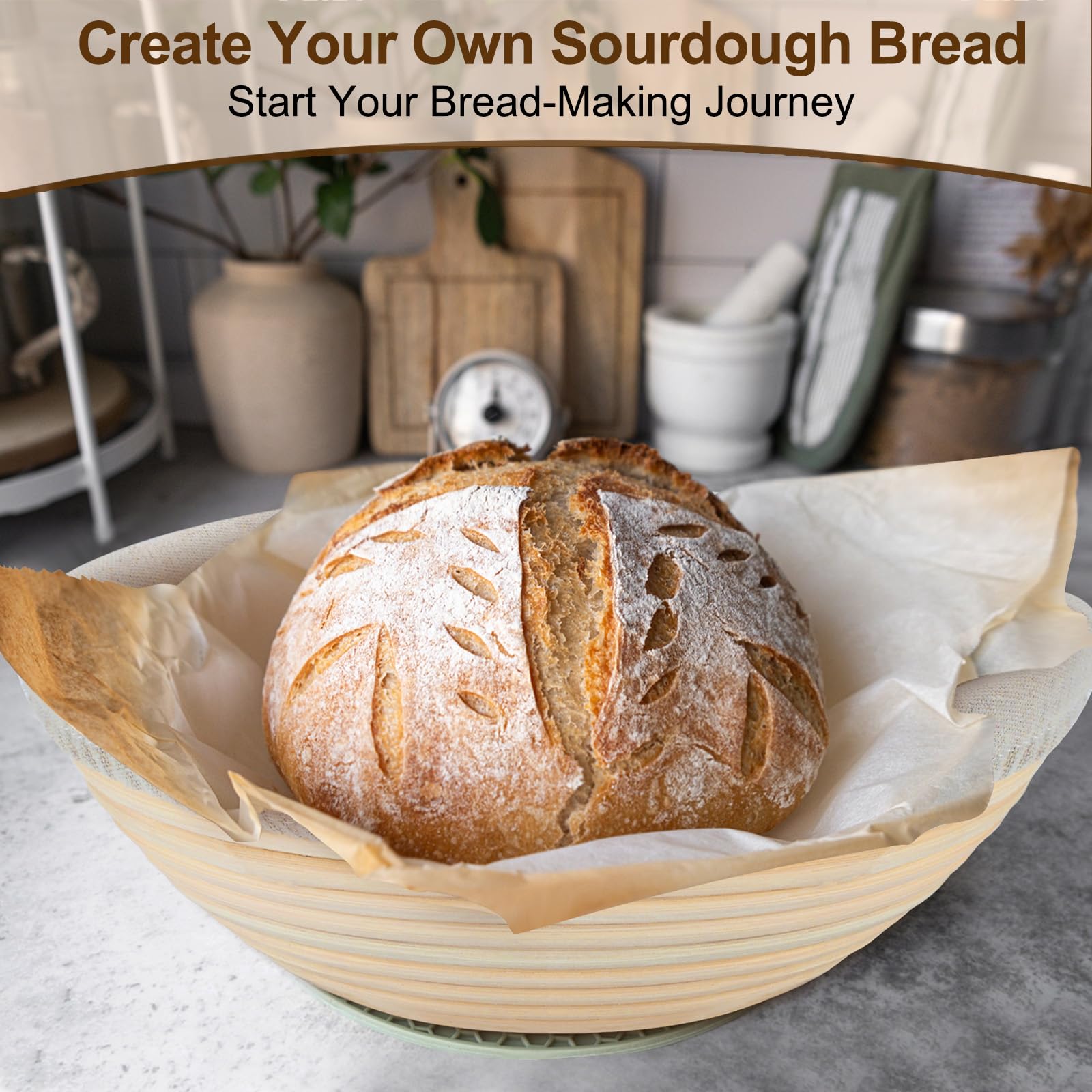 Premium 9-inch Round Banneton Bread Proofing Basket - 7-Piece Sourdough Starter Kit for Artisan Bread Baking | Perfect for Homemade Sourdough, Baguettes & Bakery-Style Loaves | Essential Bread Making Tools for Beginners & Professionals