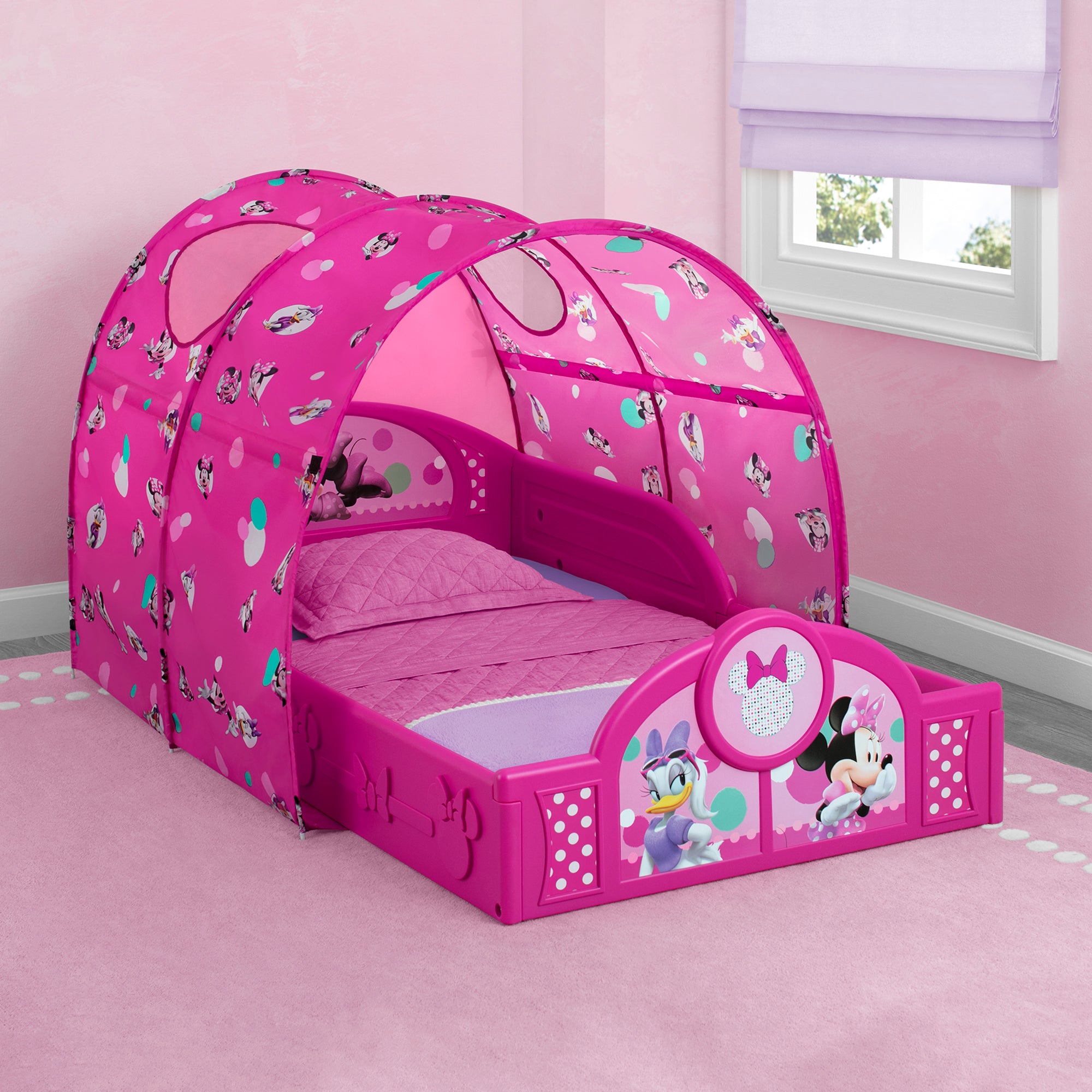 Minnie Mouse Toddler Bed with Canopy - Plastic Sleep and Play Bed for Girls, Disney Princess Themed Nursery Furniture - Perfect for Bedrooms, Daycare, and Playrooms