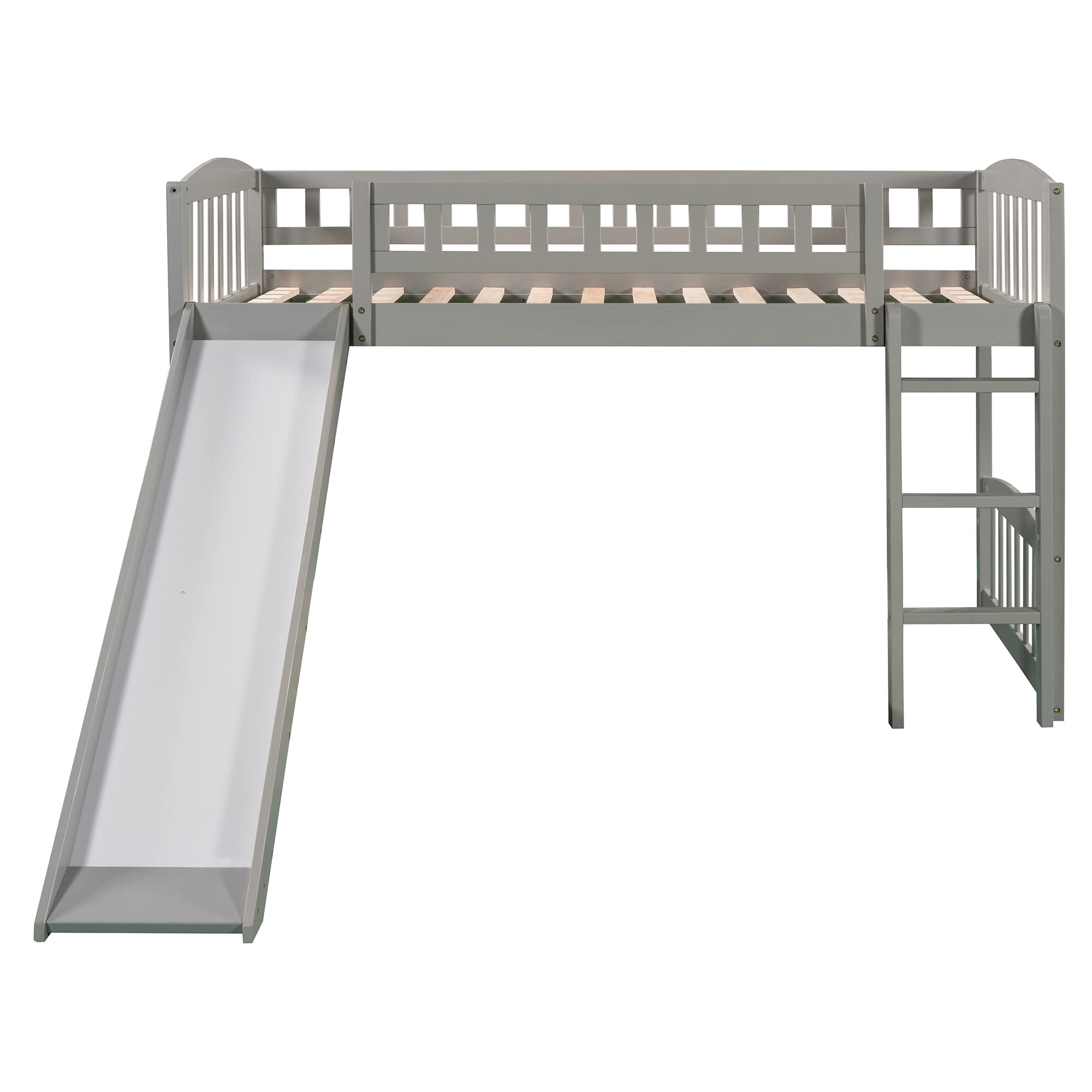 Bellemave Twin Loft Bed with Slide and Ladder - Low Height Wooden Bunk Bed for Kids, Boys & Girls - Space Saving Gray Children's Bedroom Furniture for Small Rooms & Play Areas