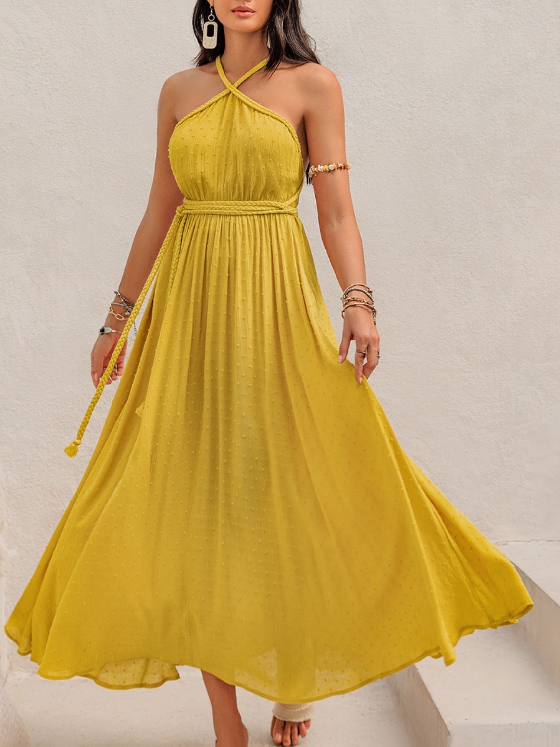 Swiss Dot Backless Yellow Maxi Resort Dress - Flowy Summer Beach Cover Up & Boho Vacation Outfit for Women