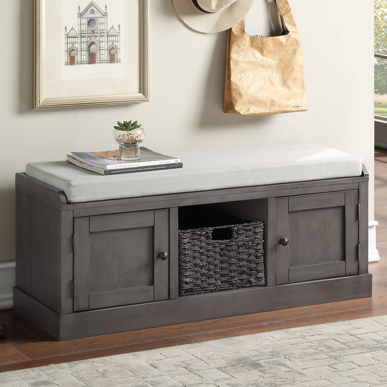 Wooden Storage Bench with 2 Cabinets & Basket - Shoe Cabinet Entryway Bench for Hallway, Living Room, Bedroom (Gray) - Perfect for Organizing Shoes, Hats & Home Essentials